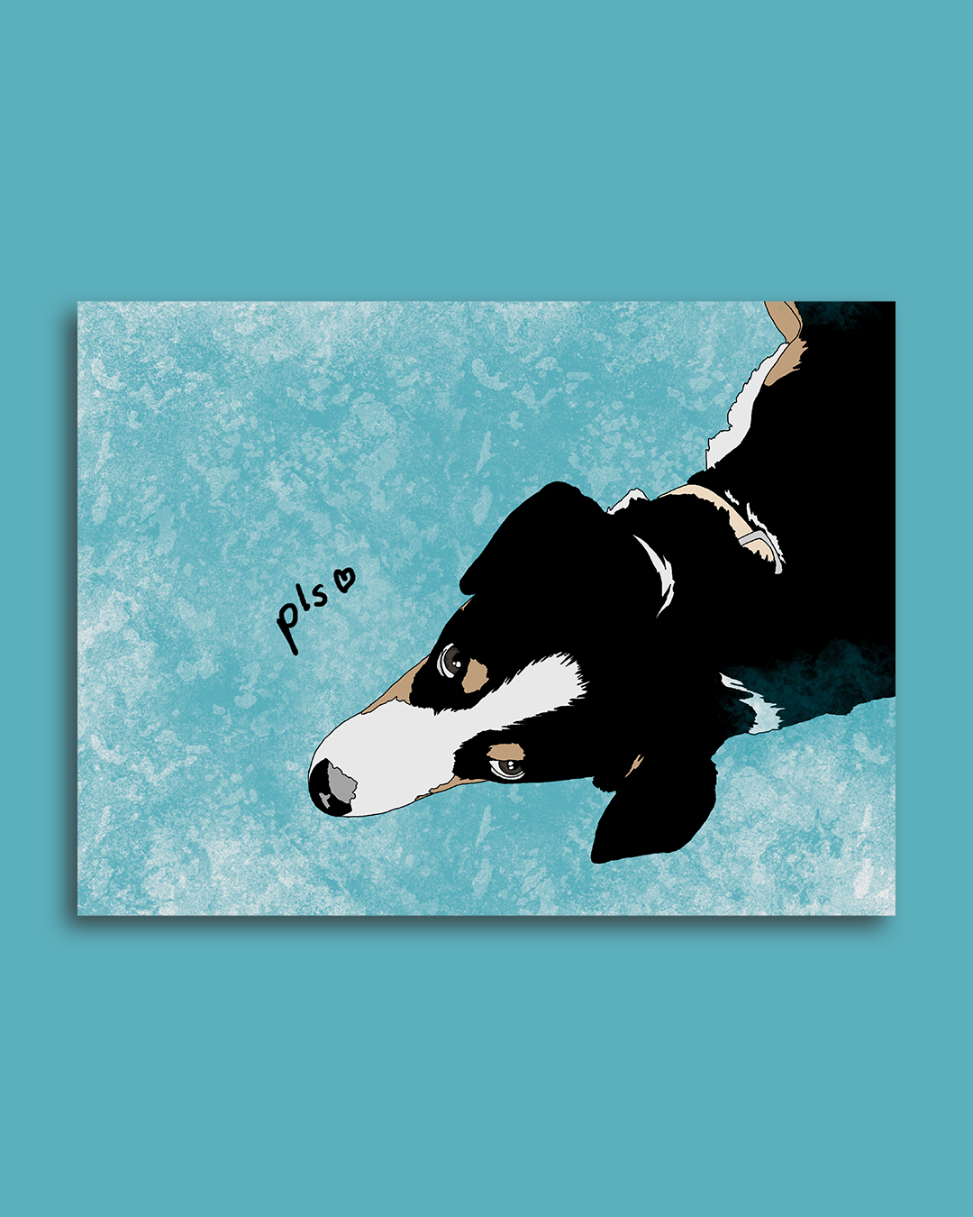 Digitale Illustration eines liegenden Hundes, mit Text 'pls' und Herzsymbol auf einem blauen Hintergrund.