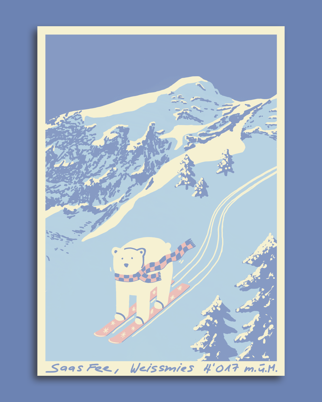 Illustration eines Bären, der auf Skiern einen verschneiten Berg hinunterfährt, mit Bäumen im Schnee und einem Gipfel im Hintergrund. Text darunter: "Saas Fee, Weissmies 4'017 m ü.M."