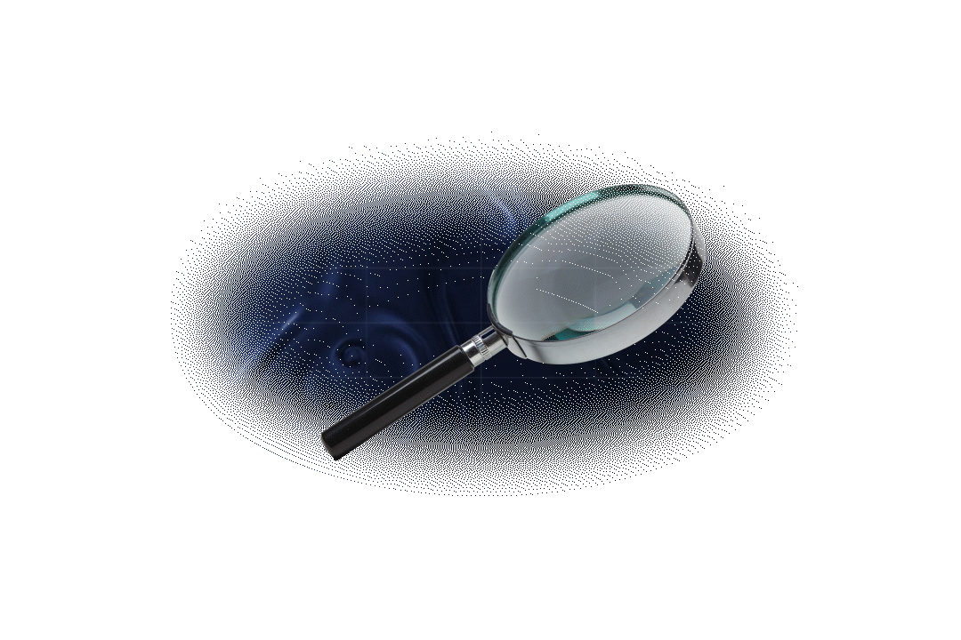 Une loupe posée sur une surface noire avec un fond numérique bleu étoilé.