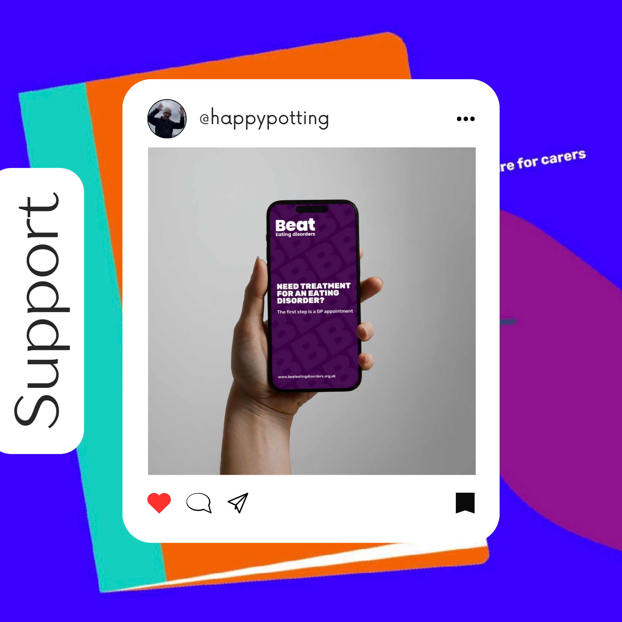 A person holding a smartphone displaying a purple screen with white text about eating disorder treatment from Beateatingdisorders.org.uk, promotional social media post with the word "Support" on the side.