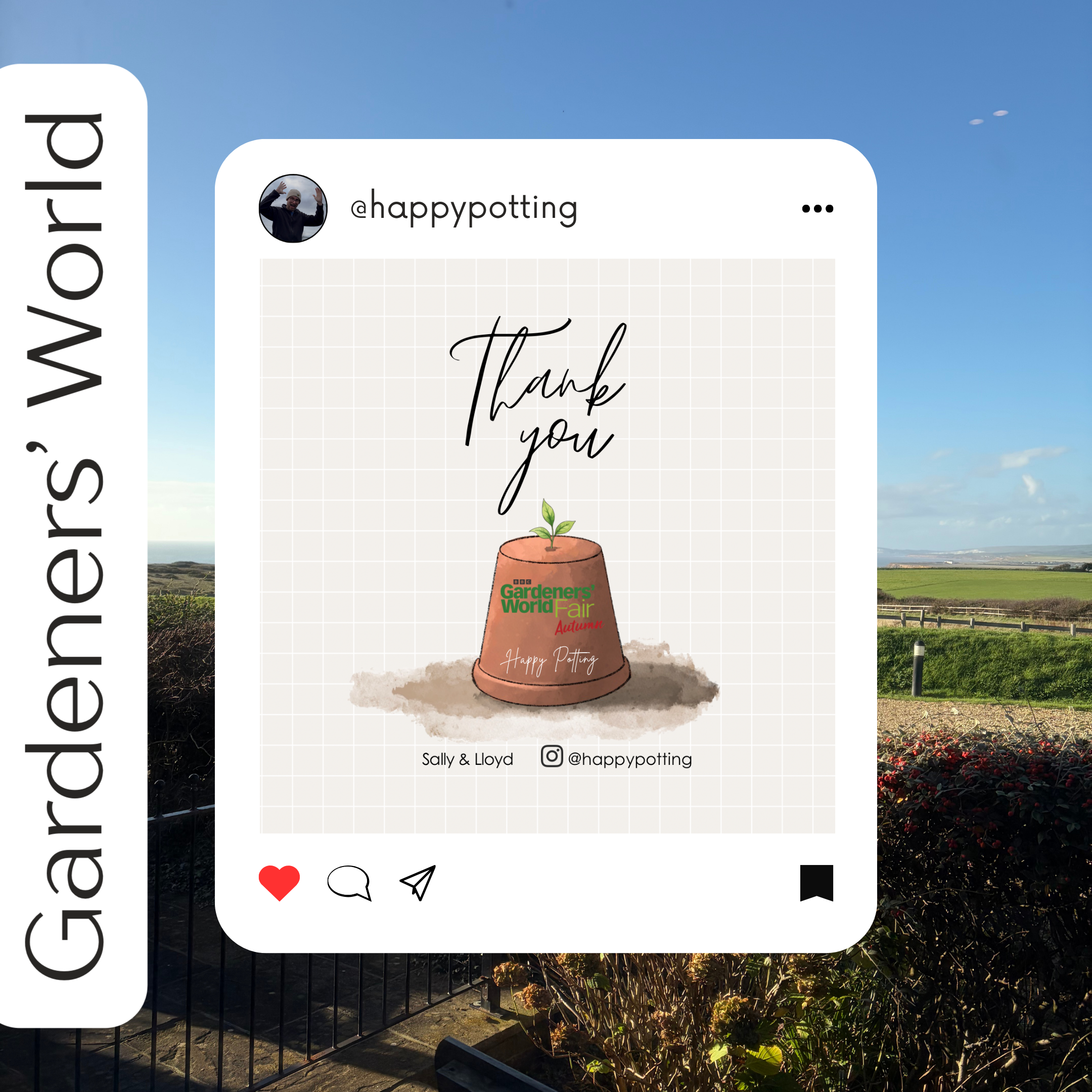A social media post with a thank you message, featuring an illustration of a plant growing in a flower pot that has a logo for Gardener's World Fair. The post includes the text 'Thank you' in elegant script and mentions Sally & Lloyd with their Instagram handle @happypotting.