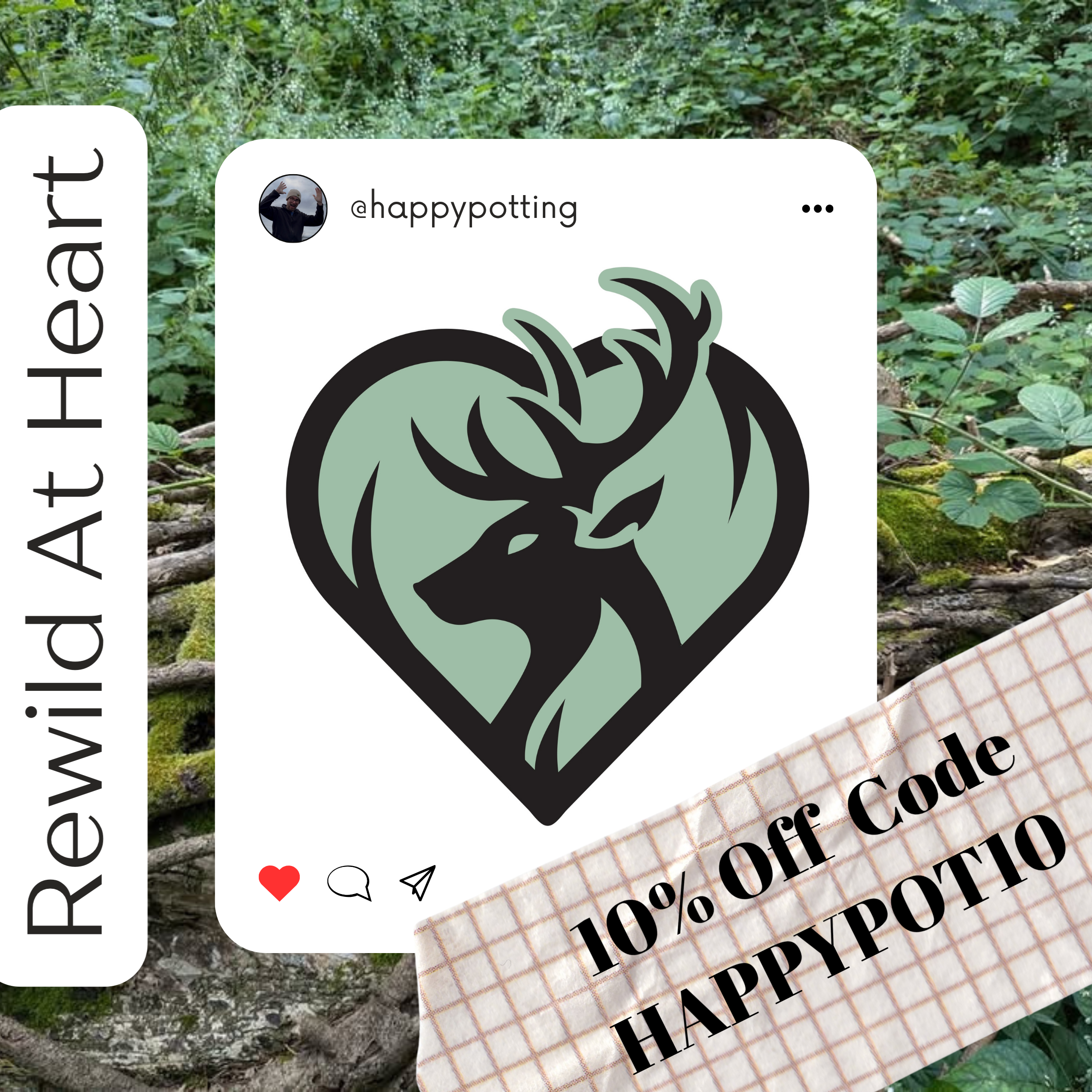 Social media post featuring a logo of a stylized deer head with antlers inside a shield shape. Overlaid text offers a 10% discount code for HappyPotto, placed on a grid-patterned background with the message "10% Off Code HappyPott10."