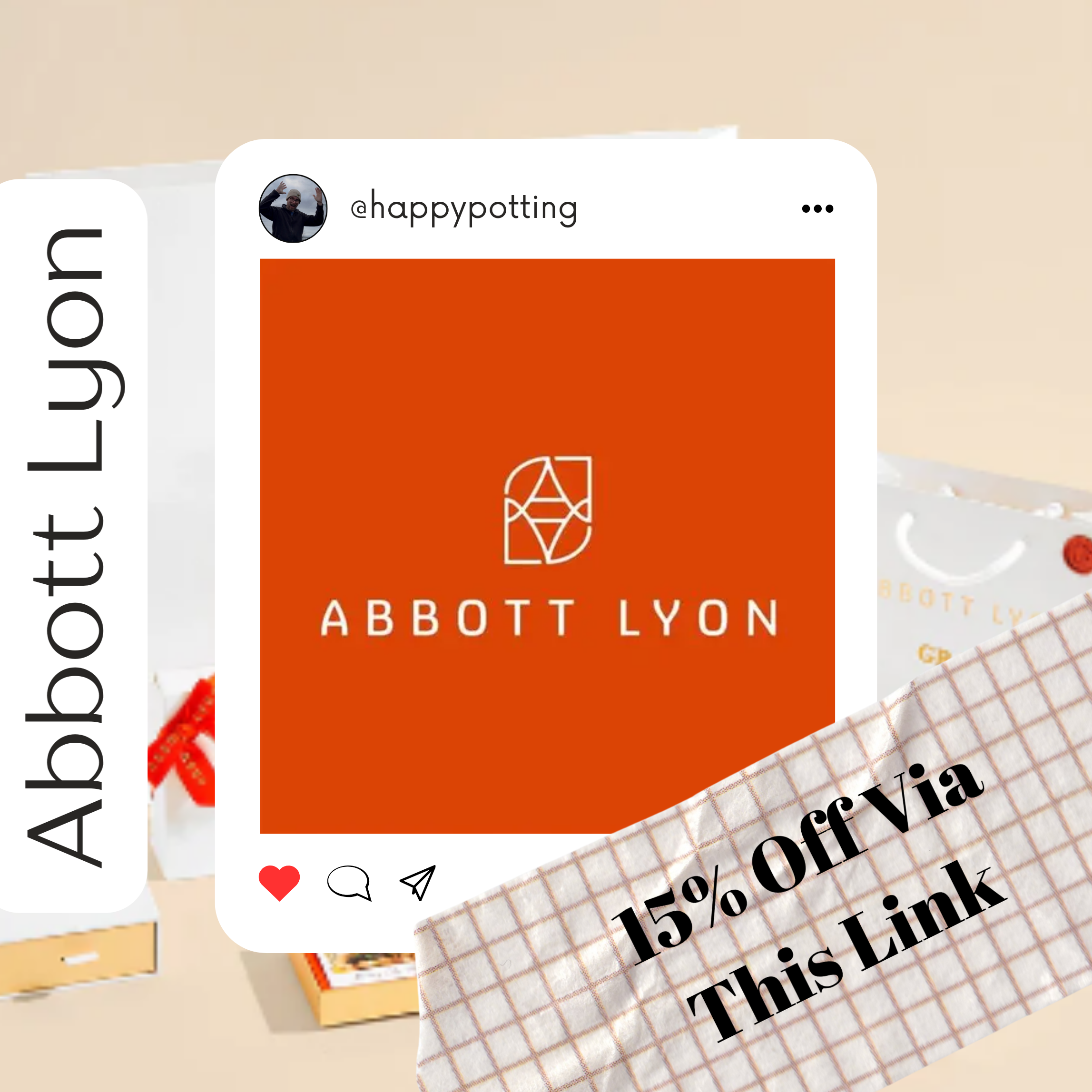 Social media post featuring Abbott Lyon logo on a red background with a 15% discount offer and a banner with text 'Abbott Lyon'.