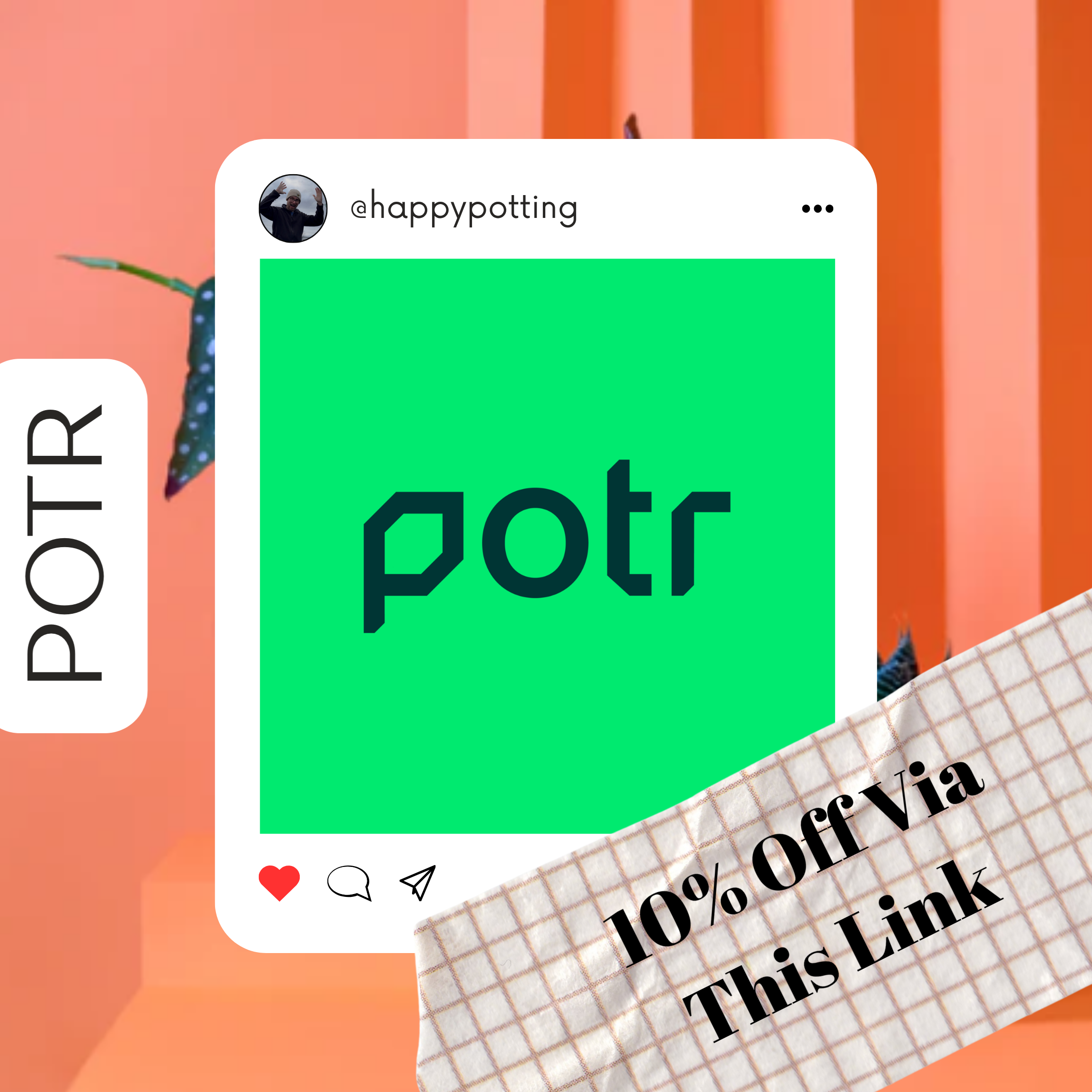 A promotional social media post with the text 'POTR' in the center and a folded paper overlay on the bottom right corner offering '10% Off Via This Link' on an orange and pink background.