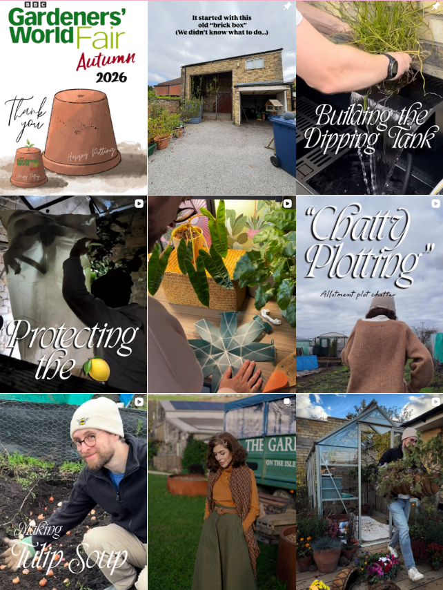 A collage of nine images related to gardening and a gardener's fair, featuring event details, gardening activities, plants, and people working in gardens.
