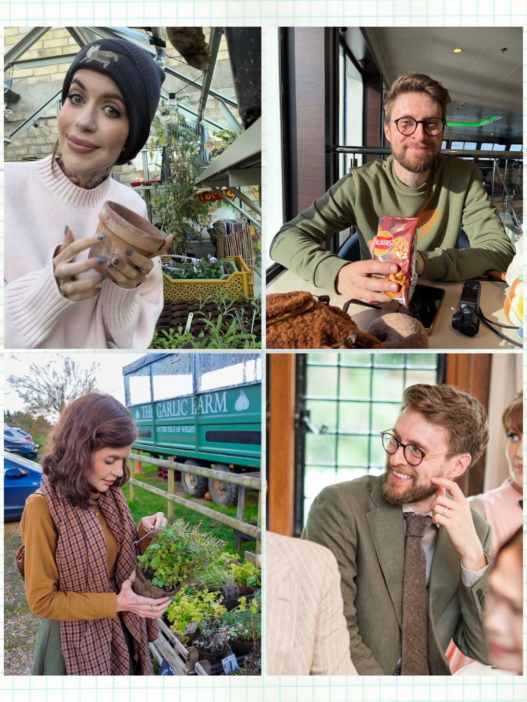Top left: woman with a beanie holding a plant pot in a greenhouse. Top right: man sitting at a table with snacks and a camera, smiling inside a cafe. Bottom left: woman outdoors at a plant nursery holding a potted plant. Bottom right: man in a suit and tie smiling and touching his ear, engaged in a conversation indoors.