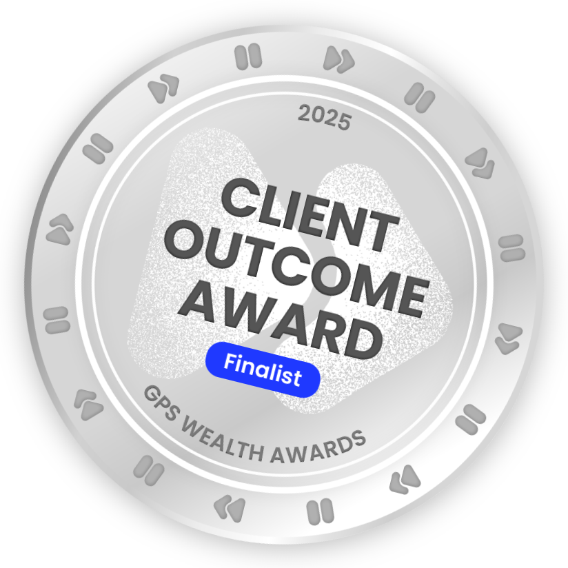 Silver and black commemorative coin with the text 'Client Outcome Award' and 'Finalist' in blue, honoring CPS Wealth Awards 2025.