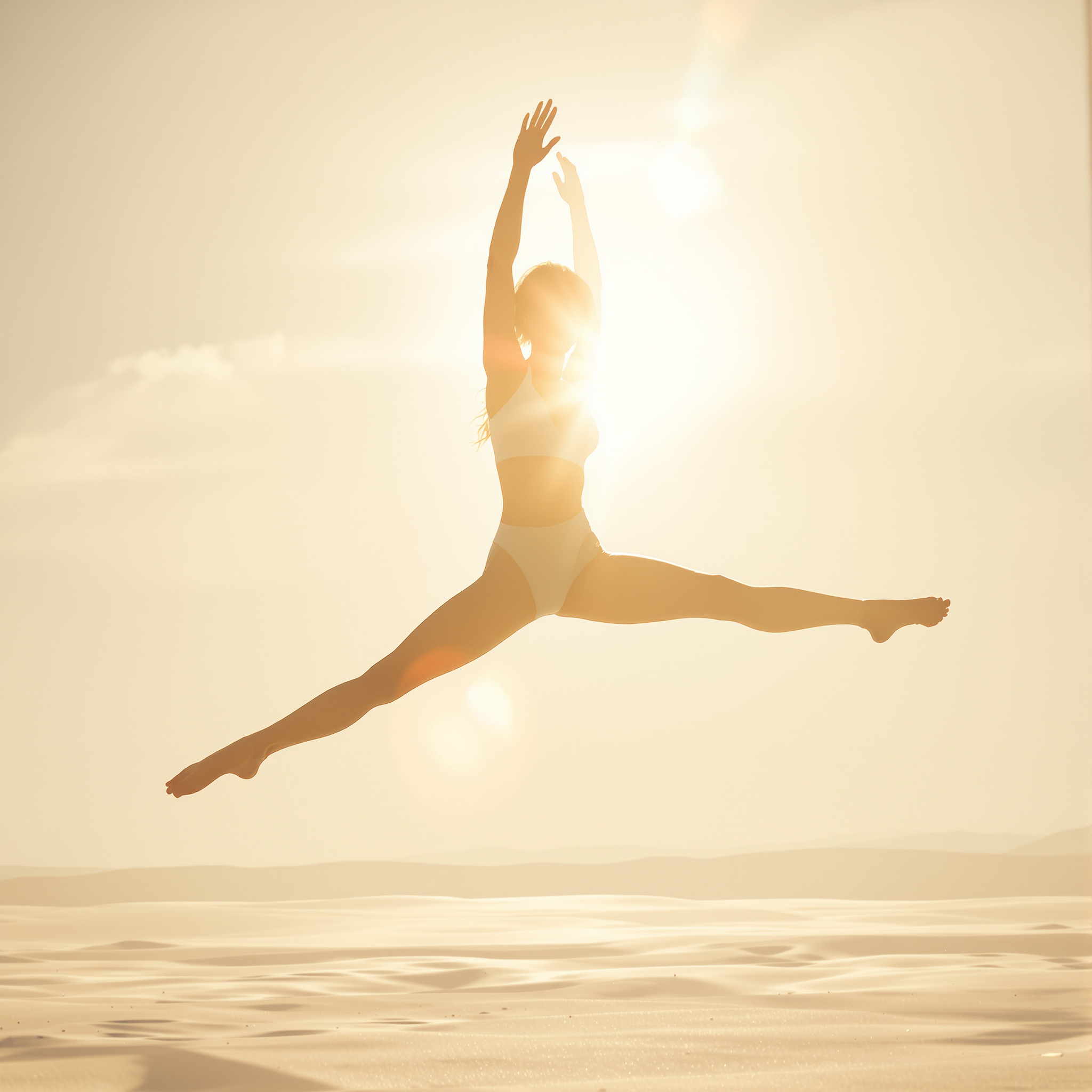 A woman in a bikini performing a leap with arms raised and legs extended in the air during sunset at the beach.