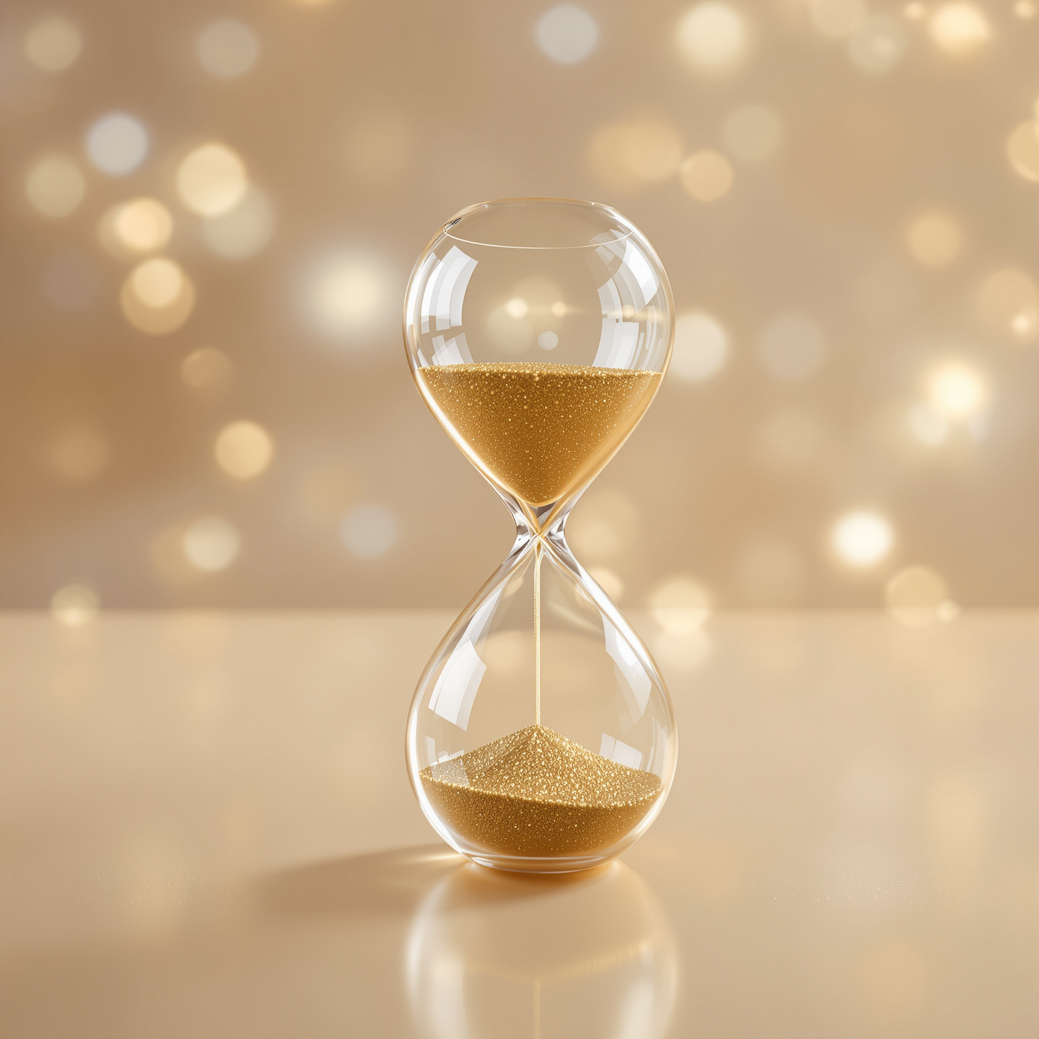 A clear glass hourglass filled with golden sand, with the sand partially settled in the bottom chamber, against a soft, out-of-focus light background.