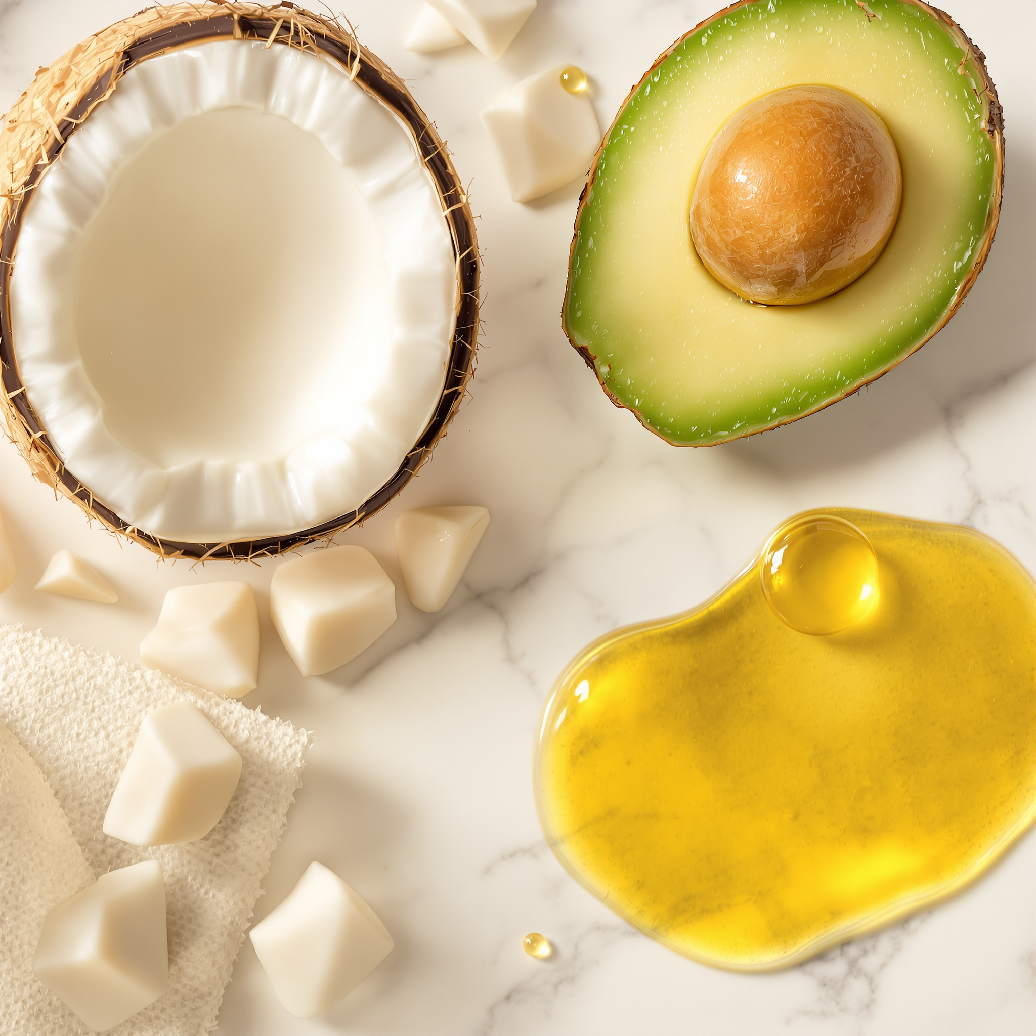 Halved coconut, halved avocado with seed, white chocolate chunks, and yellow oil on a white marble surface.