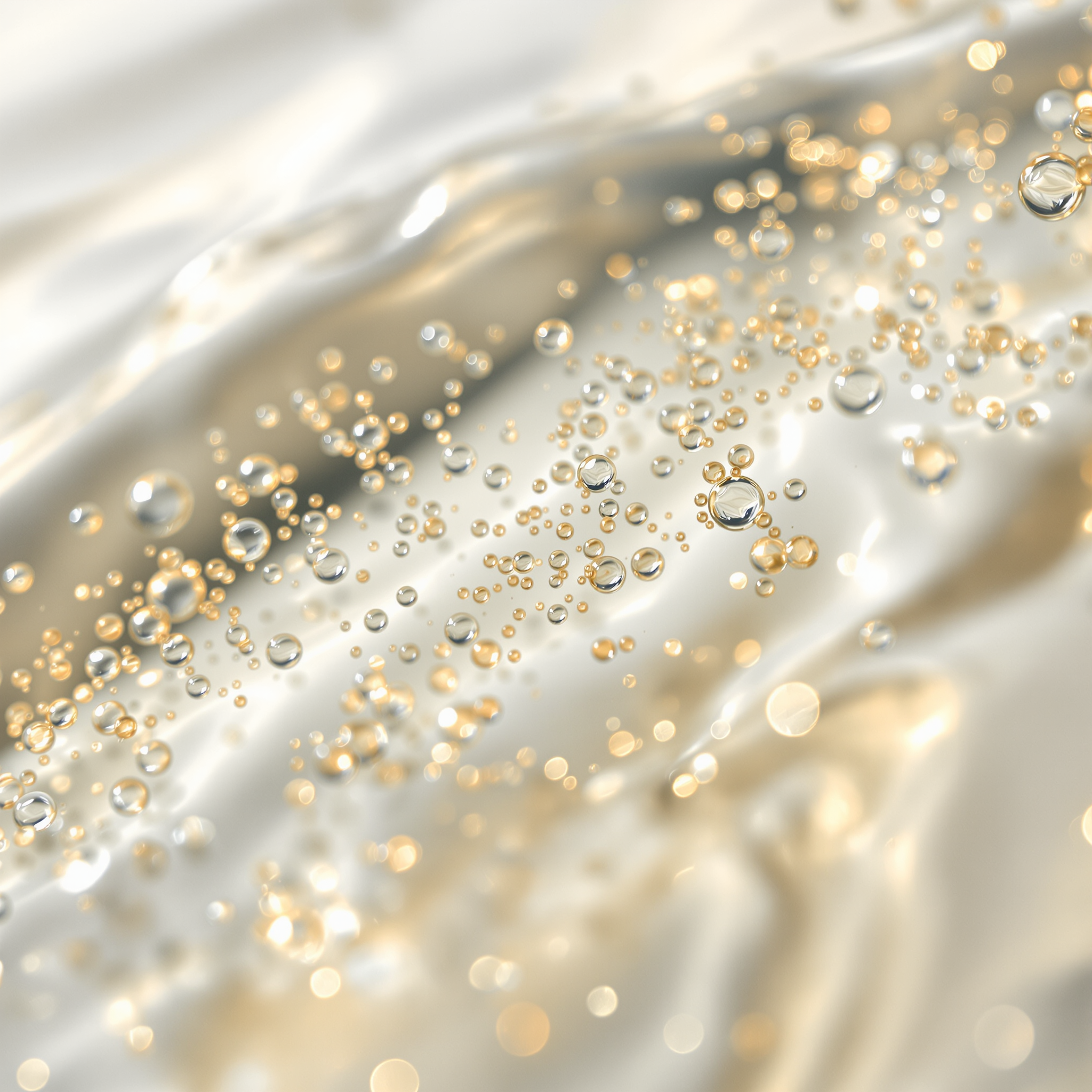 Close-up of champagne bubbles on a golden liquid surface