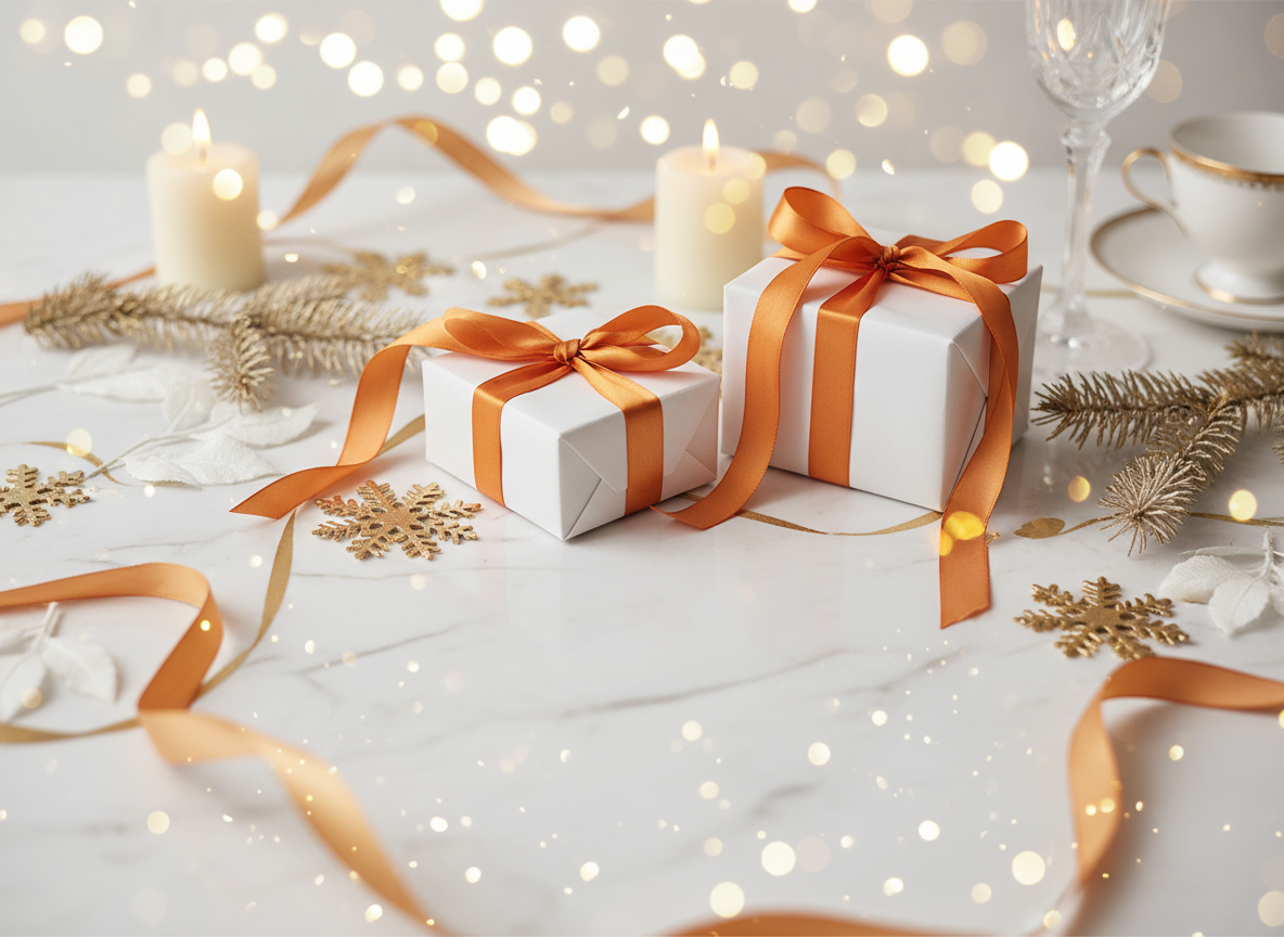 Two wrapped Christmas presents with gold ribbons on a decorated table with candles, gold snowflake ornaments, glassware, and a teacup.