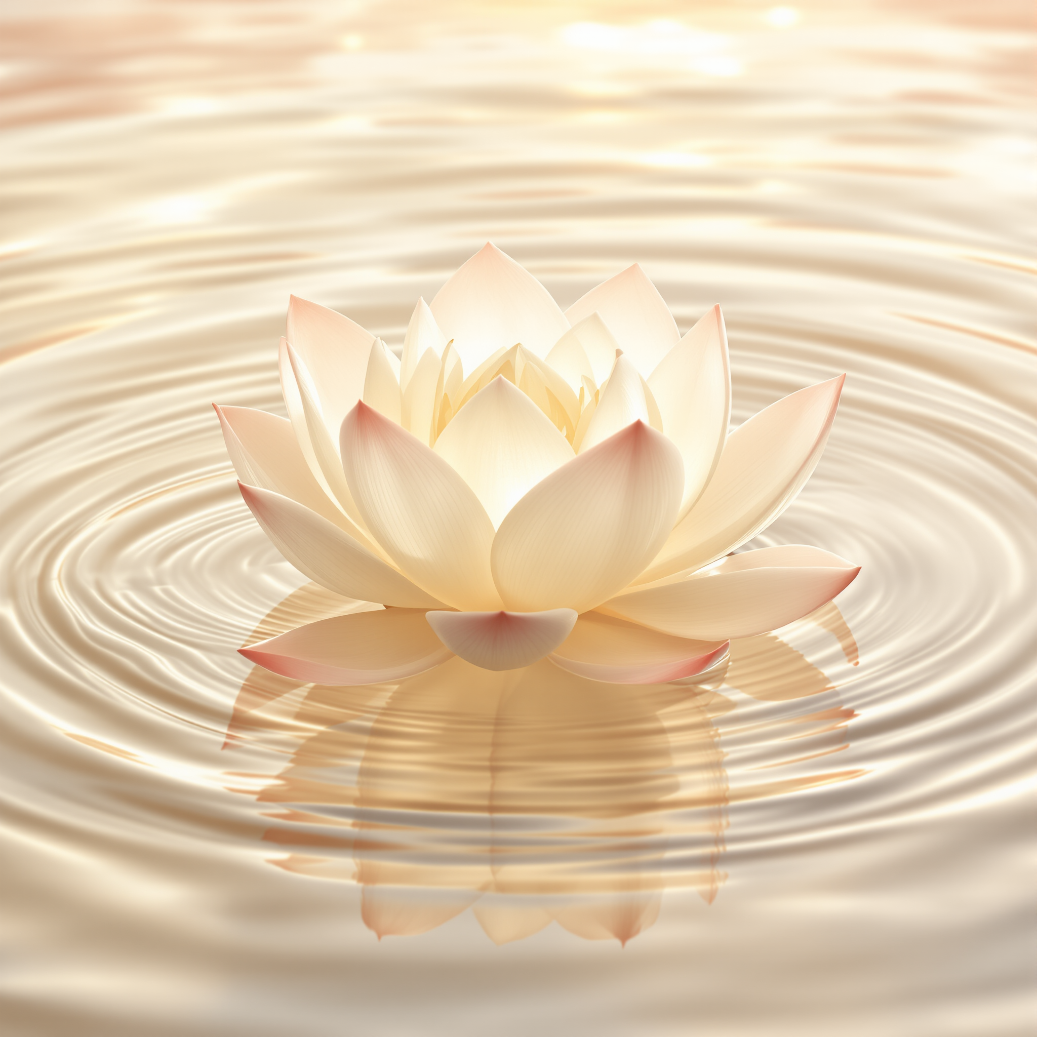 A white lotus flower floating on calm water with gentle ripples, illuminated by soft light.