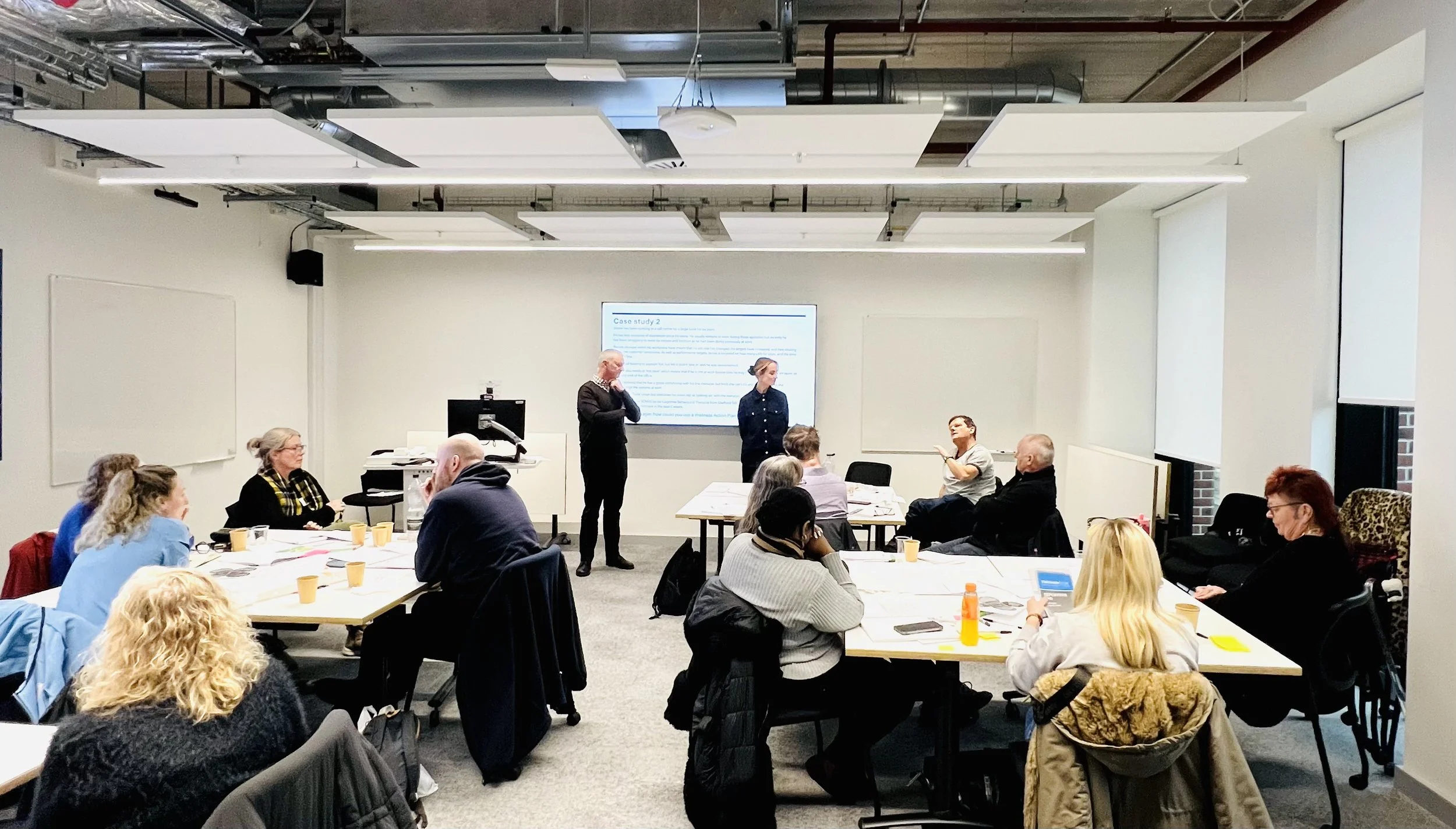 The Train the Trainer Project is being delivered in a training room, participants are sat at tables discussing workplace health topics
