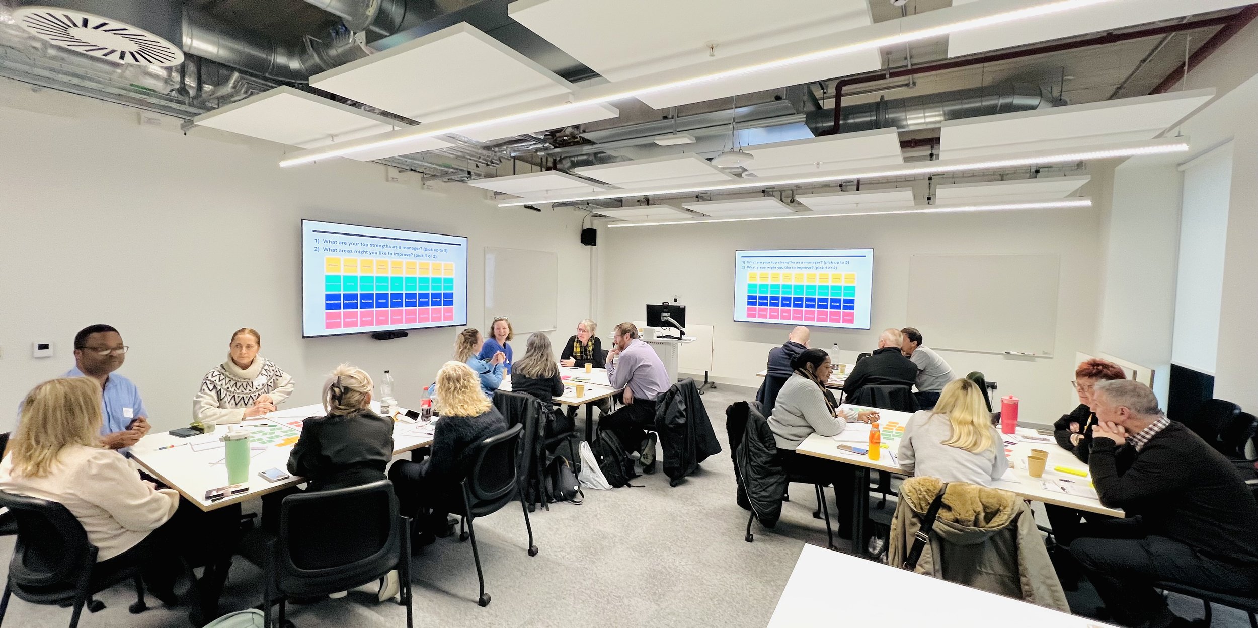 A wide angle view of participants sat at tables in a room for Train the Trainer project, discussing workplace health topics. There are presentation screens with a colourful image and presentation