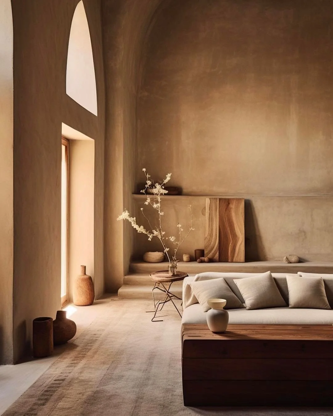 Minimalist living room with beige walls, a light-colored sofa with multiple cushions, a wooden coffee table with a white vases on it, decorative wooden panels on the wall, large vases near the window, and a simple branch arrangement in a vase, all illuminated by natural light.