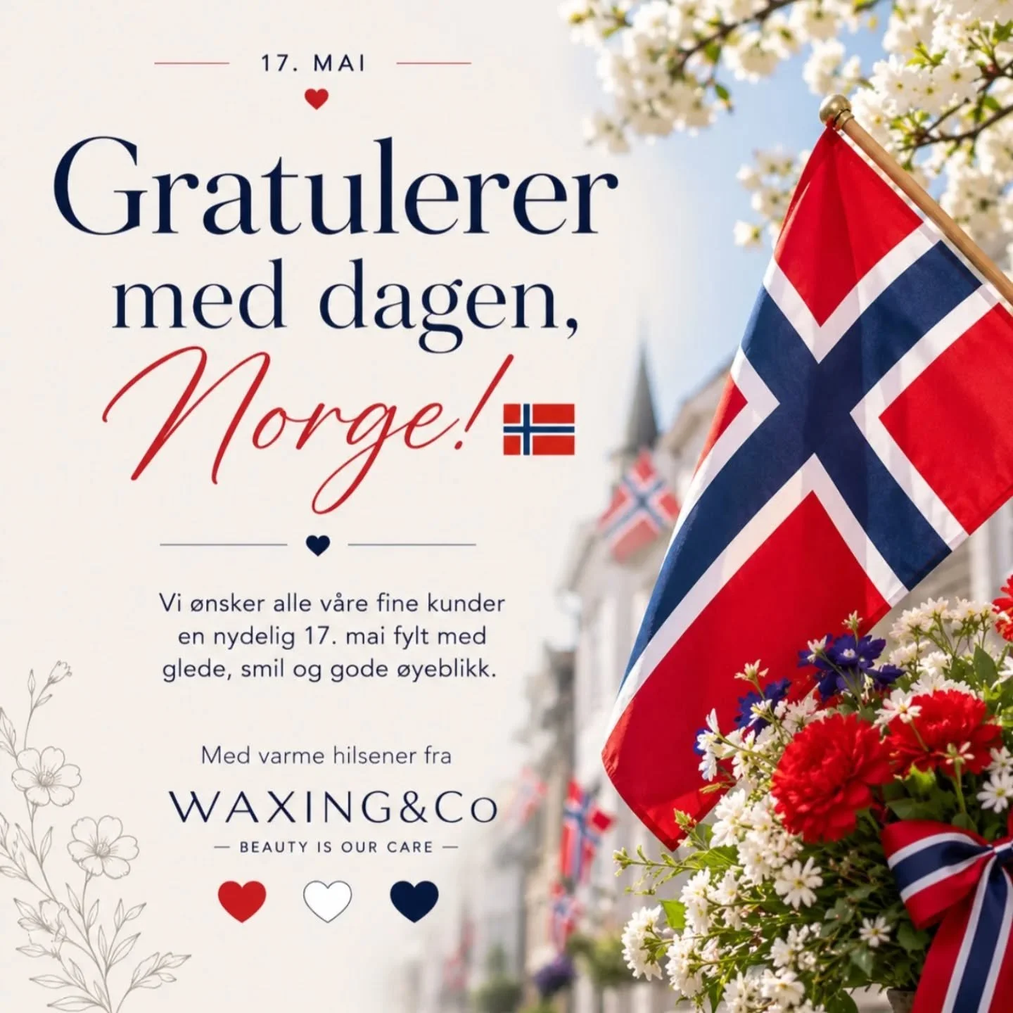 Gratulerer med dagen, Norge 🇳🇴

I dag feirer vi Norges nasjonaldag med glede, tradisjon og takknemlighet.

Vi &oslash;nsker alle v&aring;re fine kunder en fantastisk 17. mai fylt med smil, blomster, god mat og gode &oslash;yeblikk med familie og ve