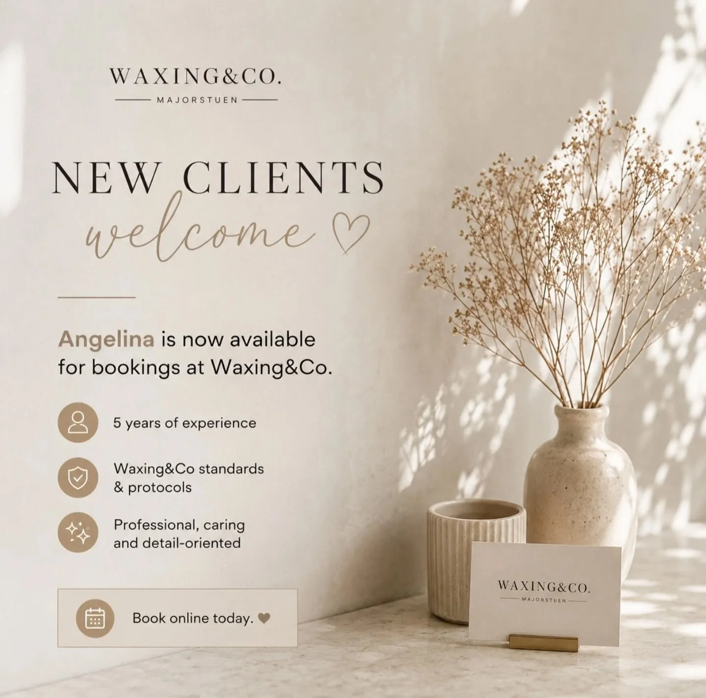 Can't find a suitable time with Vanessa?

Angelina is a wonderful choice and is now welcoming new clients. 💚 

Trained in all Waxing&amp;Co standards and protocols. 🌿

We look forward to welcoming you. 

📍 Majorstuen, Oslo

📲 Book at waxingco.no 