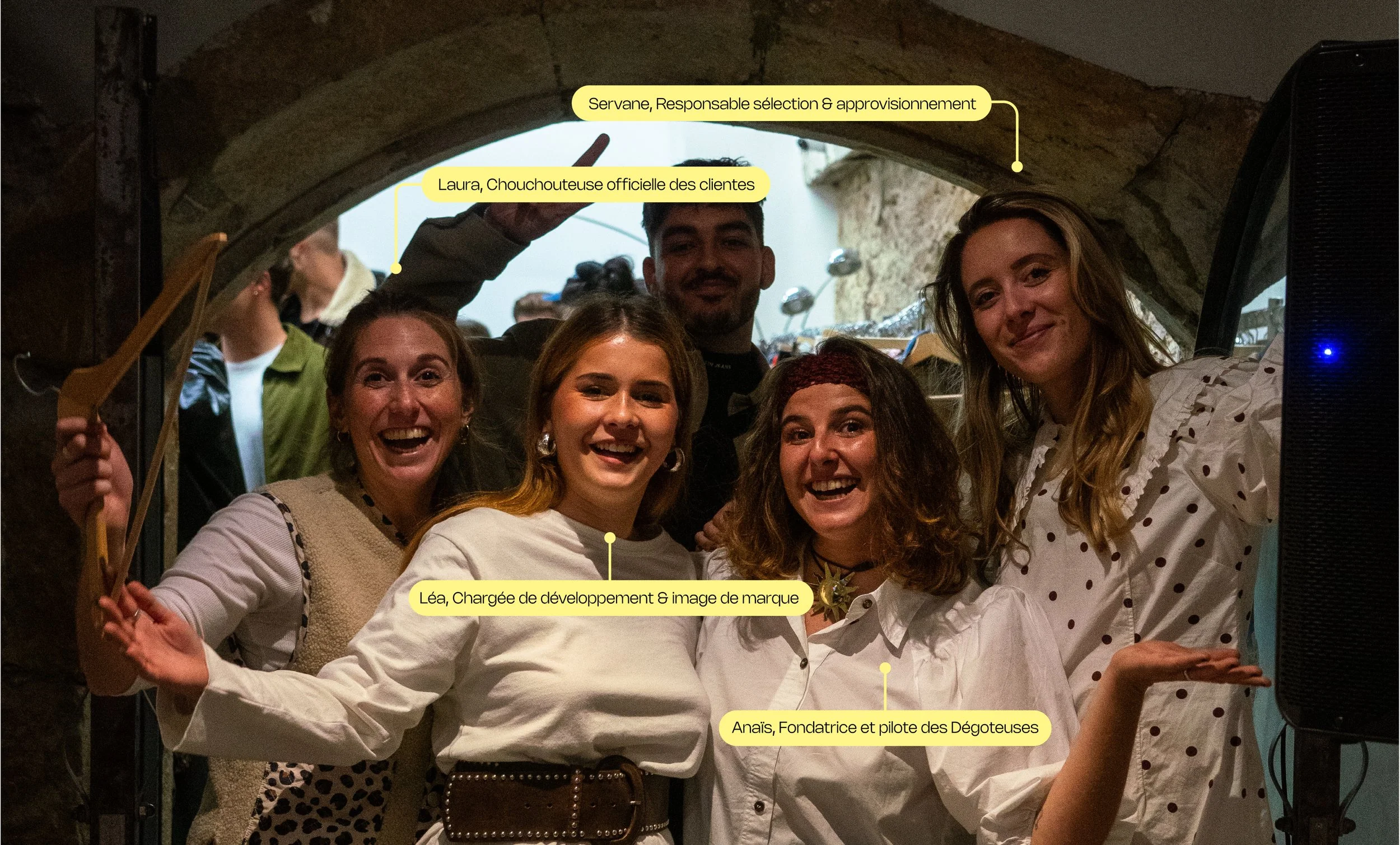 Groupe de cinq femmes dans une cave, souriantes. Elles sont identifiées comme Laura, une cliente officielle, Léa, chargée de développement et de l'image de marque, Anaïs, fondatrice et pilote des Dégoteuses, et une serveuse responsable de la sélection et de l'approvisionnement.