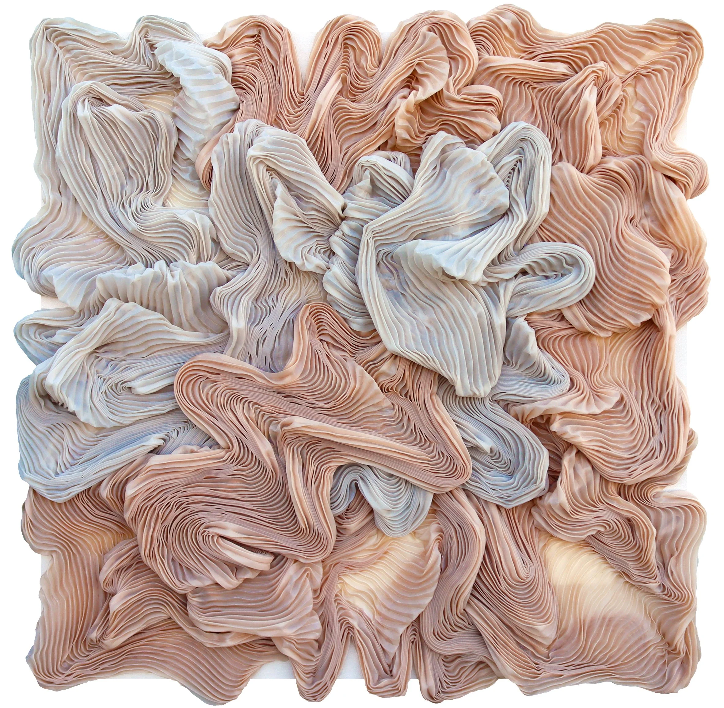 I'm glad you're here I, 100 x 100 x 13 cm, Mixed media (sculpted fabric and acrylic on canvas), 2026.