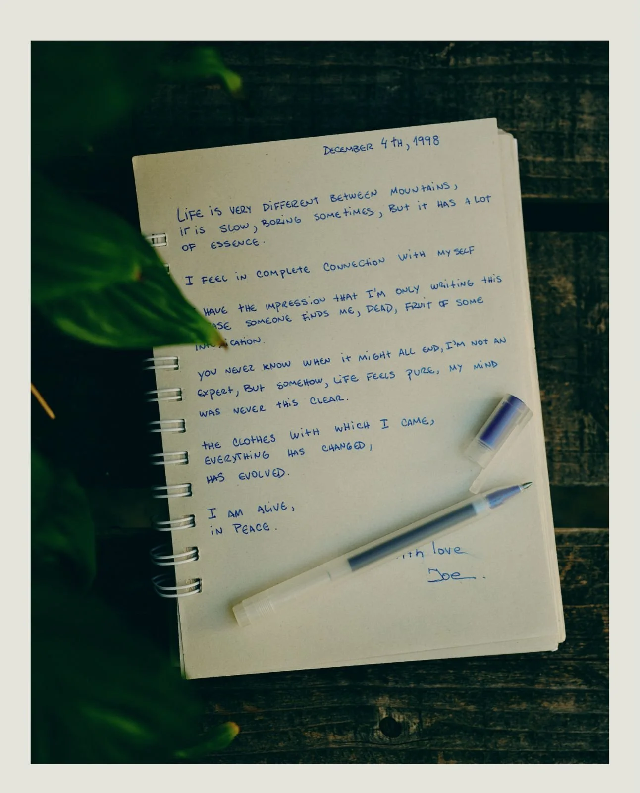 Open spiral notebook with handwritten note in blue ink, dated December 4th, 1998, on a wooden surface. A pen and a pen cap are placed on the notebook, and a green plant is partially visible on the left side.