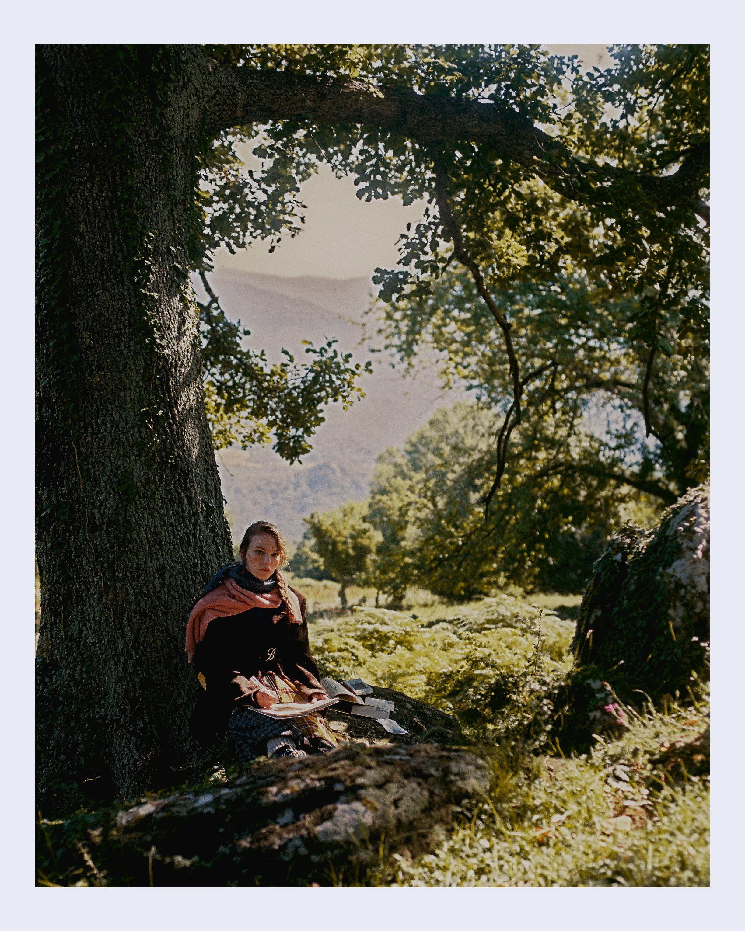 A woman sitting under a large tree in a sunny, forested area with mountains in the background, reading a book.