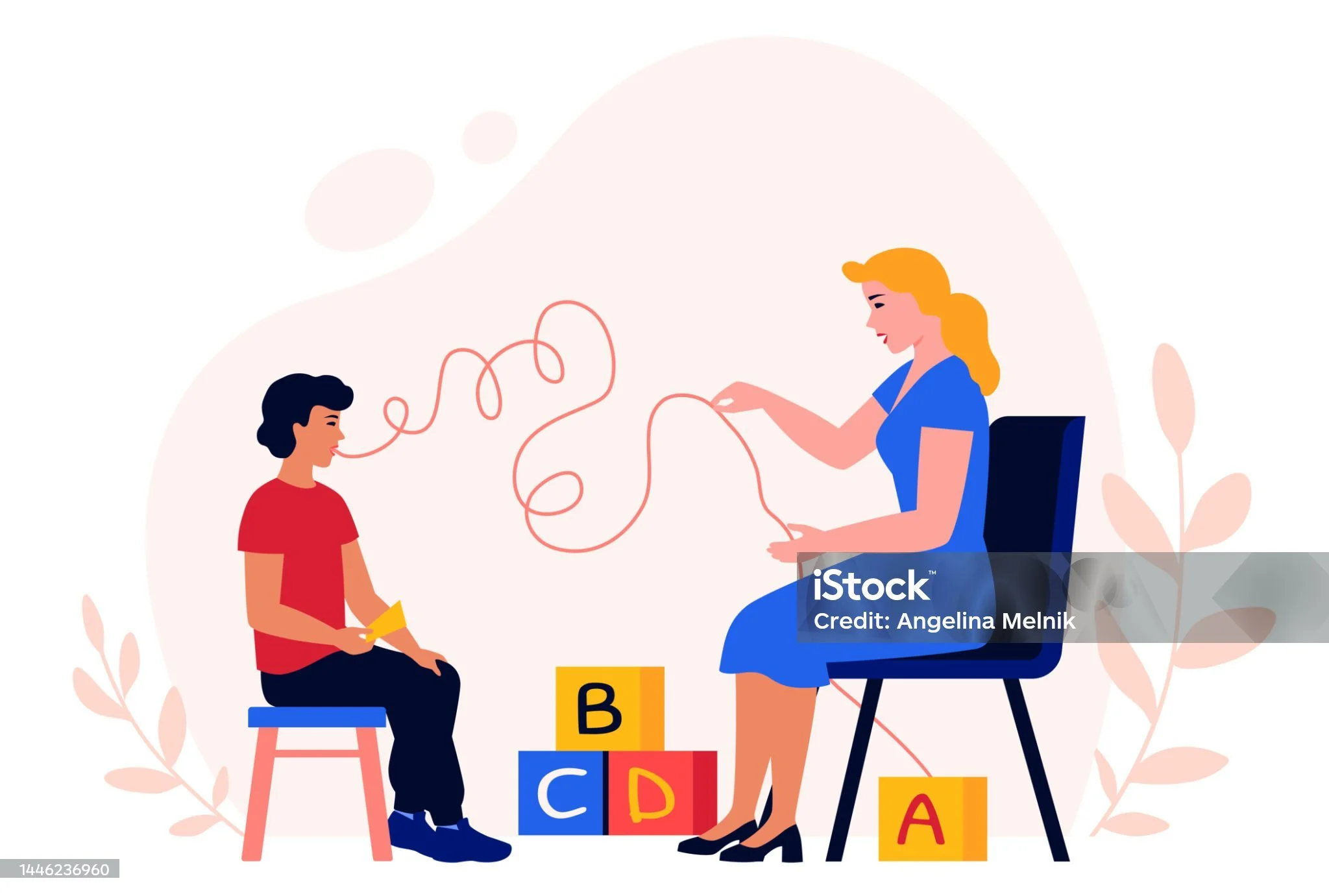 Une femme assise sur une chaise bleu enseignant un jeu de lettres à un enfant assis sur un petit tabouret. Deux blocs de lettres colorés sont posés au sol. La femme porte une robe bleue, l'enfant porte un t-shirt rouge et un pantalon noir. La femme tient un fil rouge qui relie ses mains à celles de l'enfant. Le décor comprend des éléments végétaux en arrière-plan.