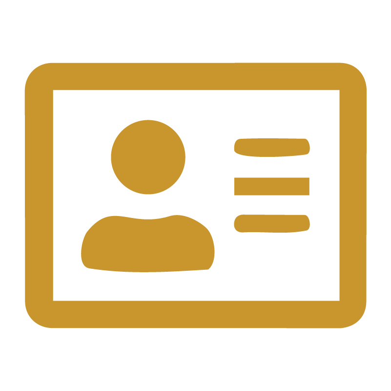 Icon of a driver's license with a person's silhouette on the left and three lines of text on the right, all in gold and black.