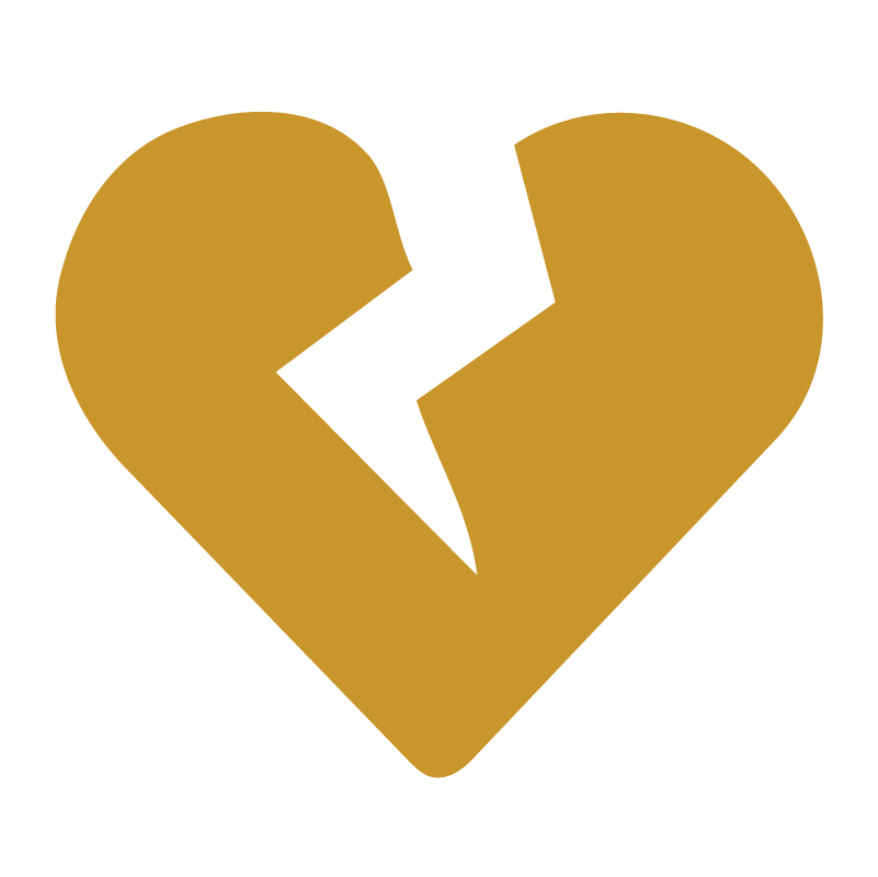 A broken gold-colored heart with a jagged crack down the middle.