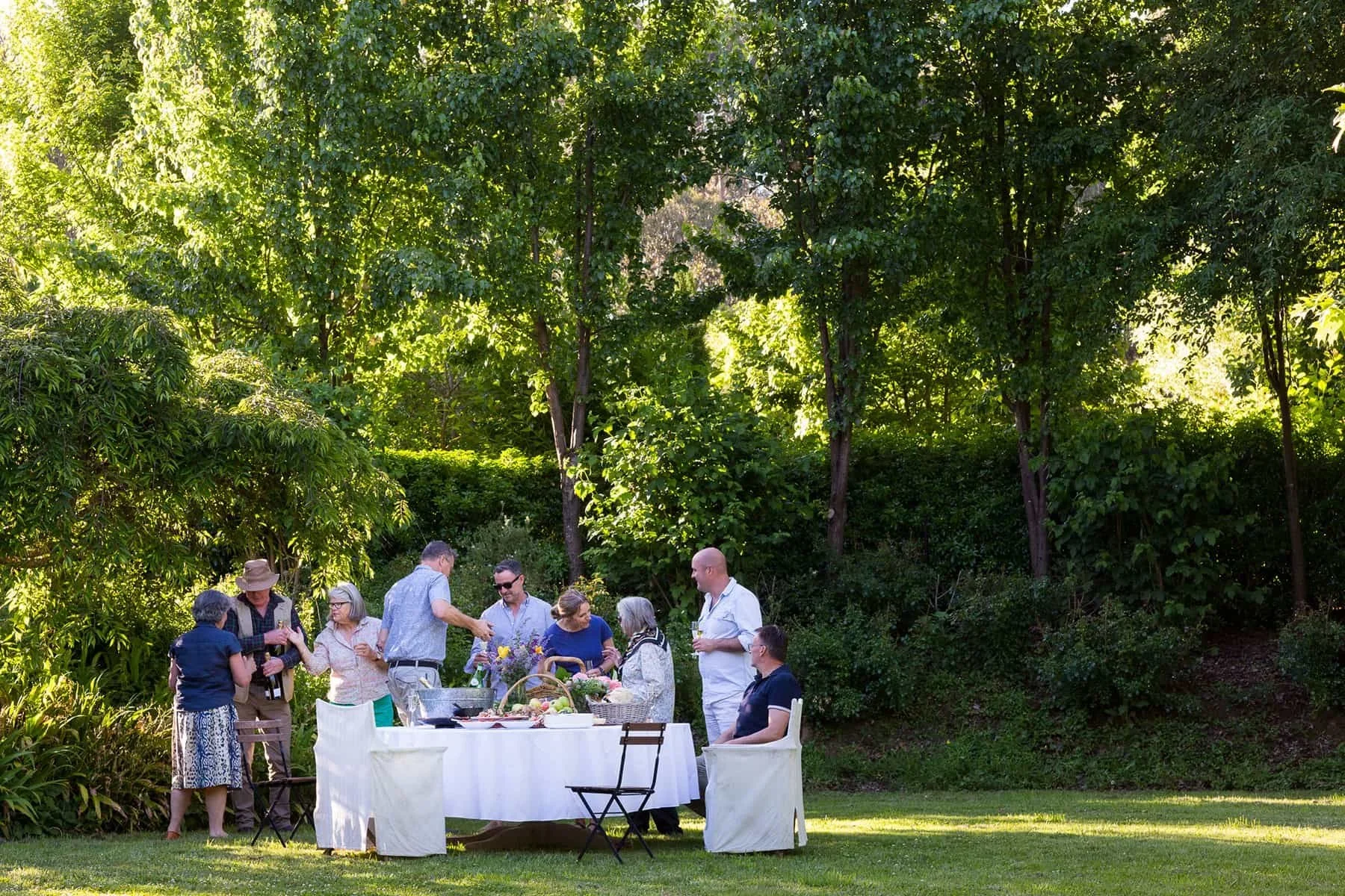 Group of people having a gathering outdoors under large trees with a table set with food and drinks in the gardens at Planetrees Estate