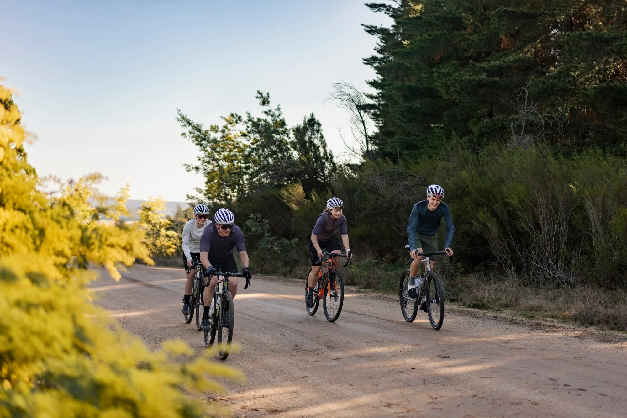 Four cyclists wearing helmets riding on a dirt trail surrounded by trees and bushes during daylight.