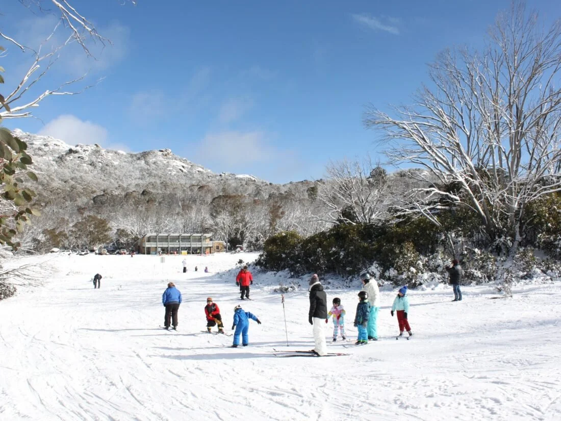 People enjoying snow activities on a winter day at a snowy park, with trees and a building in the background.