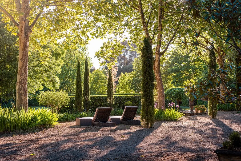Two lounge chairs on a gravel path in a lush, green garden with trees, shrubs, and sunlight filtering through the leaves.