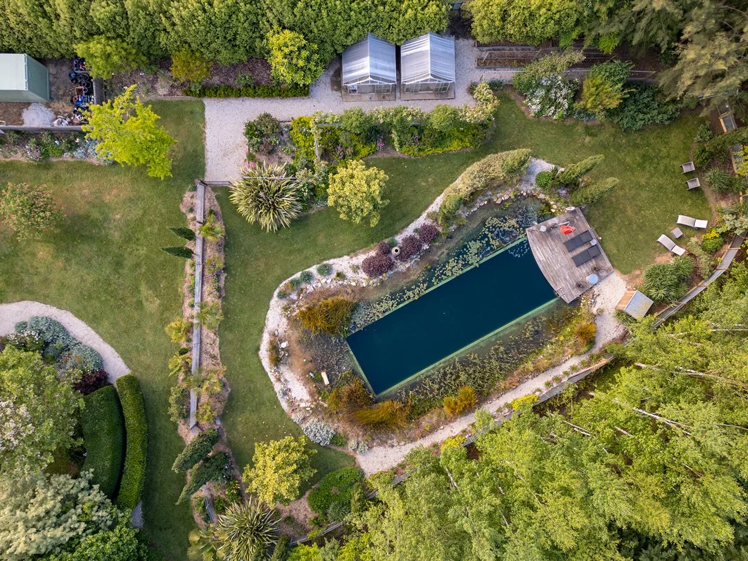  aerial view of Planetrees Estate with a rectangular natural pool, surrounded by lush trees, shrubs, and garden beds, with a wooden deck and outdoor lounge chairs.