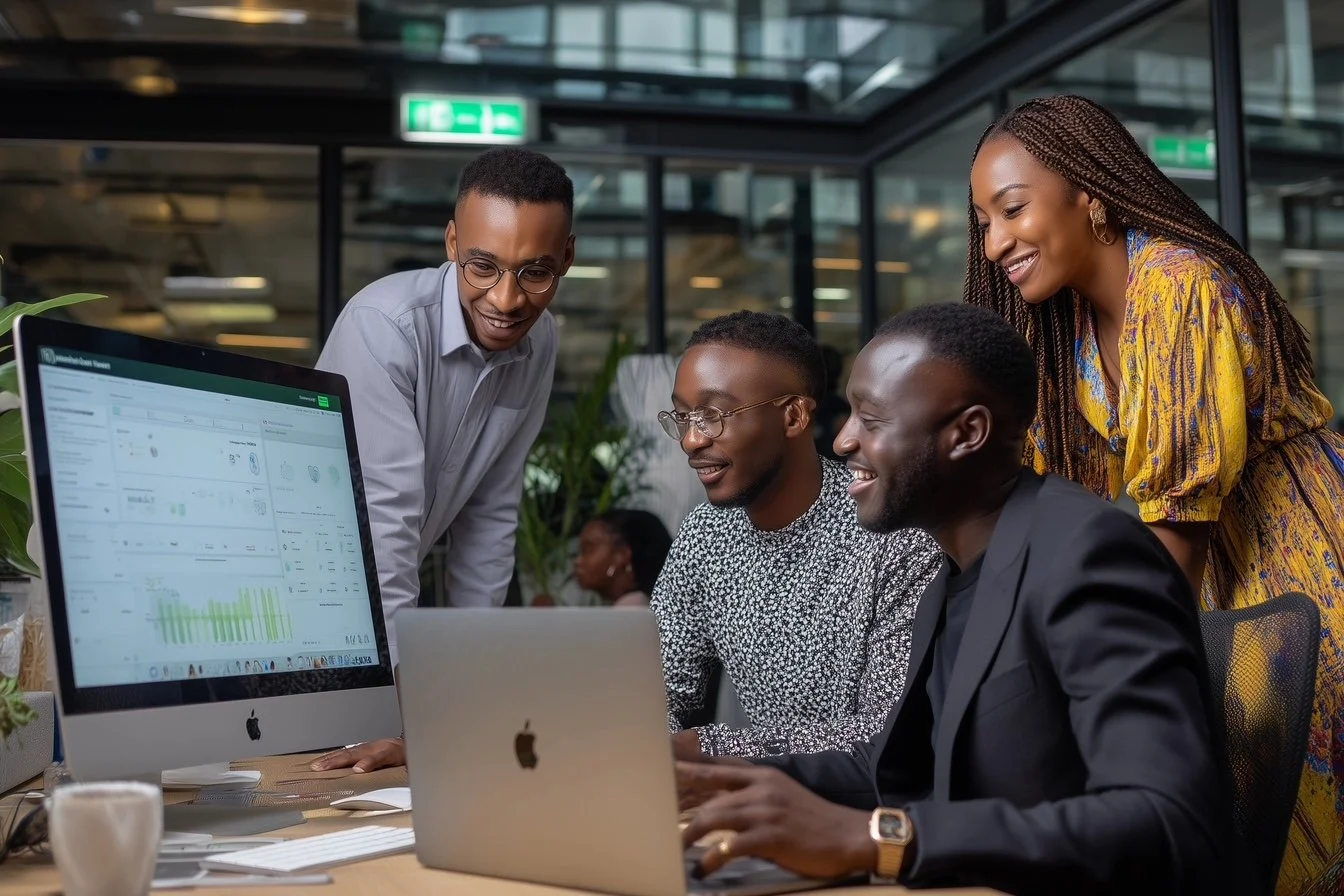Group of corporate tech specialist analysing data.