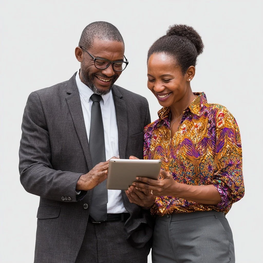 A man and woman dressed in business attire smiling and looking at a tablet device together against a plain white background.