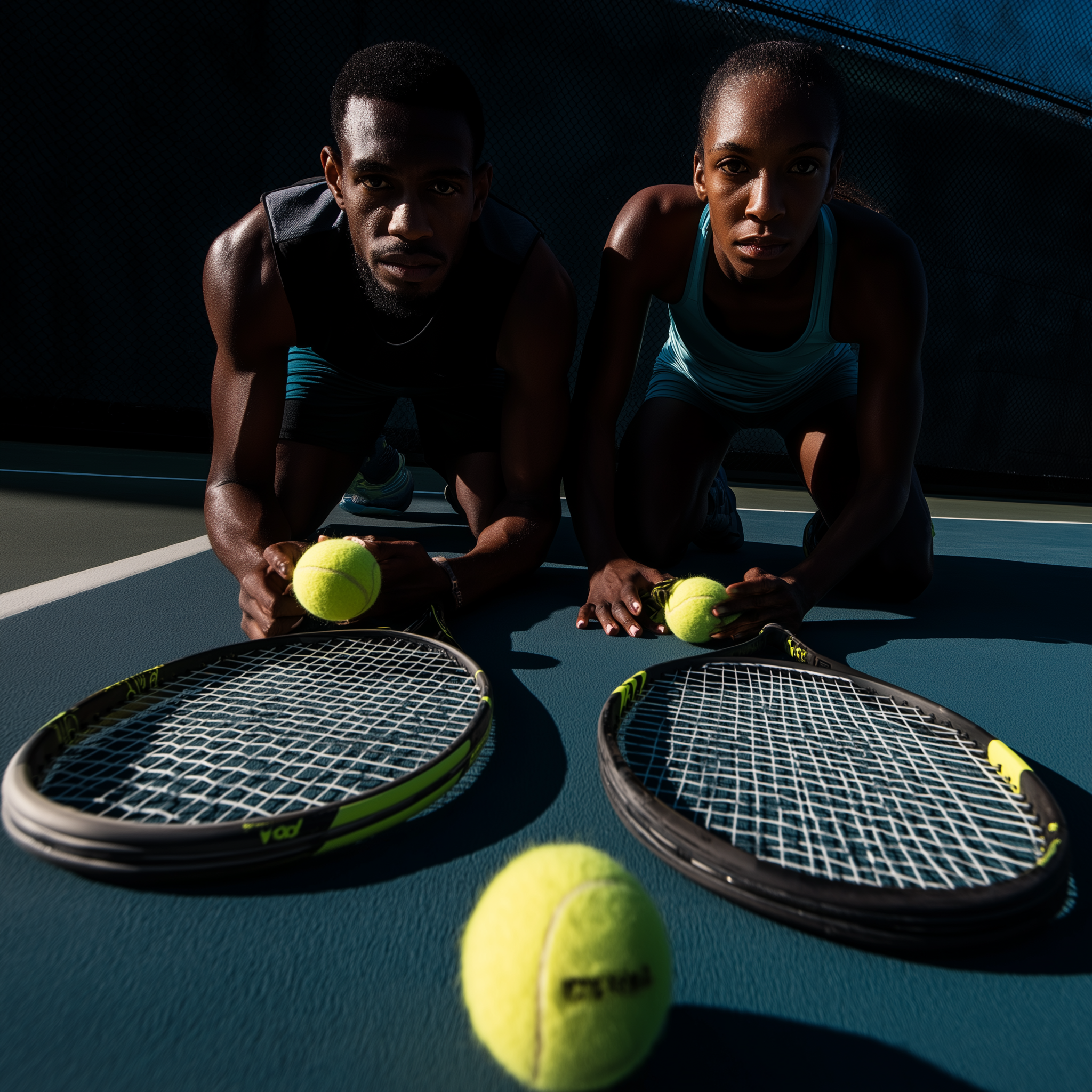Two tennis players, a man and a woman, kneeling on a tennis court with tennis rackets and tennis balls in front of them, looking at the camera.