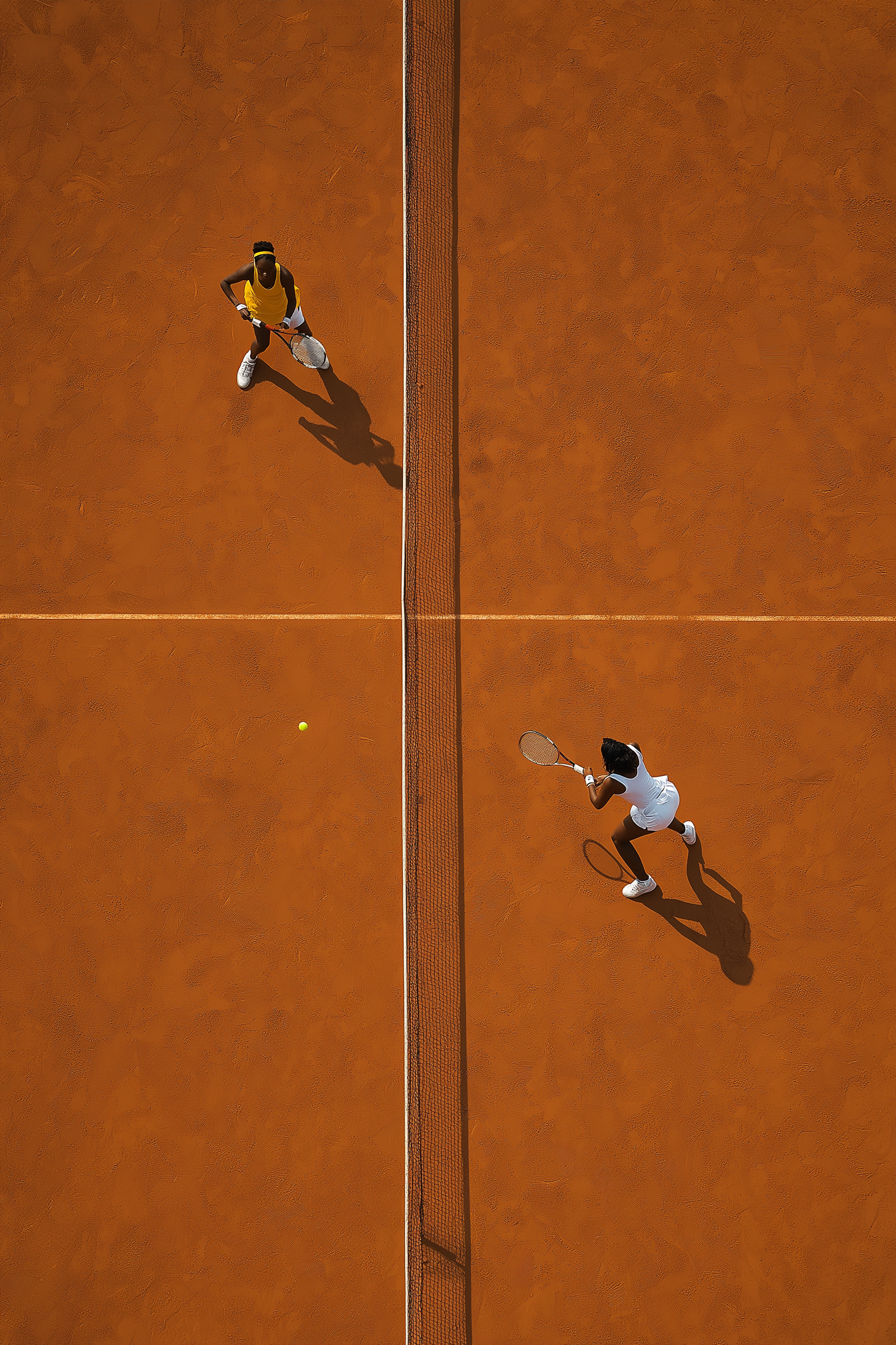 Top-down view of two female tennis players on opposite sides of a net on a clay tennis court, preparing to hit a yellow tennis ball.