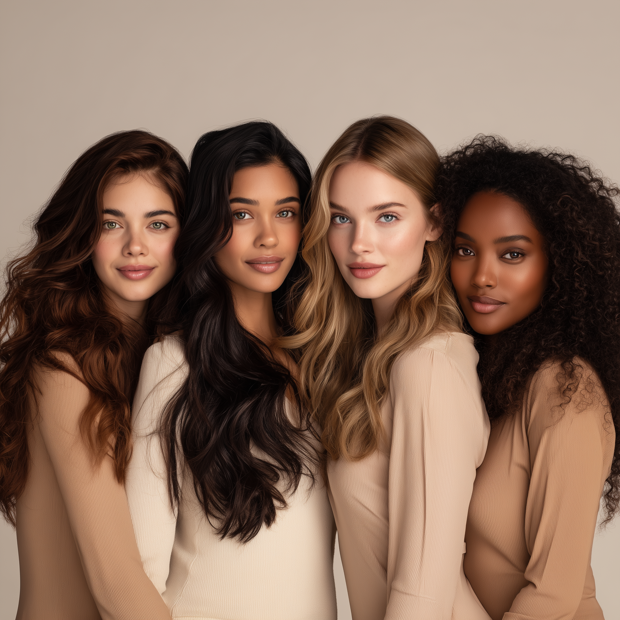 Four women with different hair colors and styles posing closely together against a plain beige background.