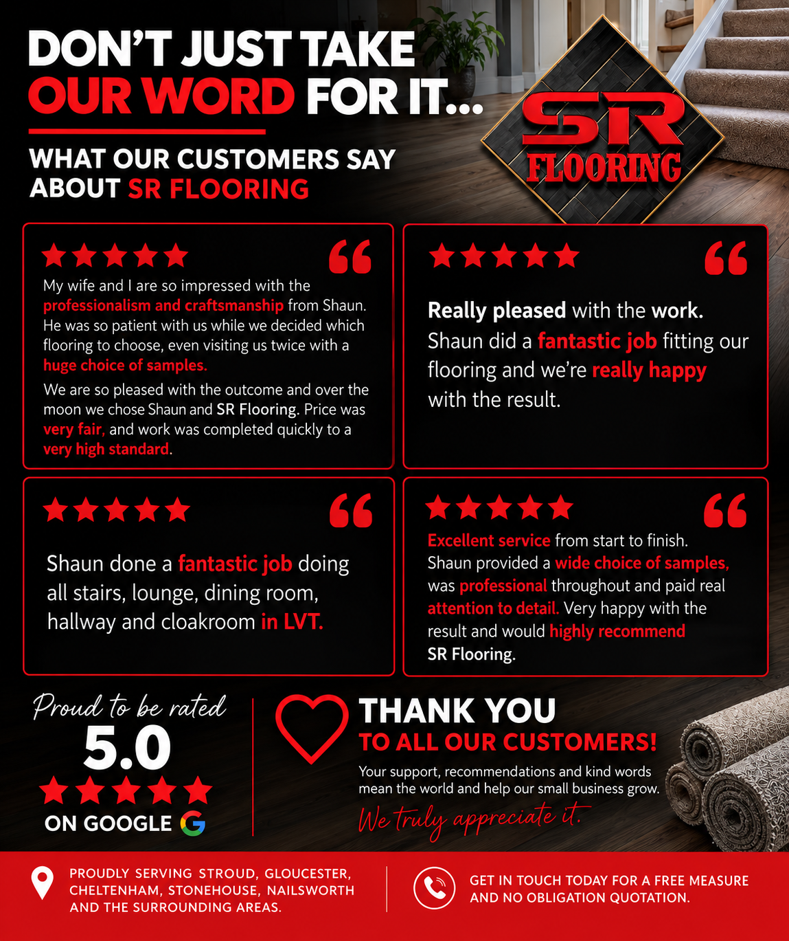 Testimonial flyer for SR Flooring featuring customer reviews, a 5-star rating, and a discount offer, with a background of a flooring showroom and sample rolls.