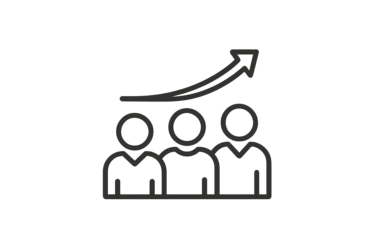 Line drawing of three people with an upward trending arrow above them, indicating growth or success.
