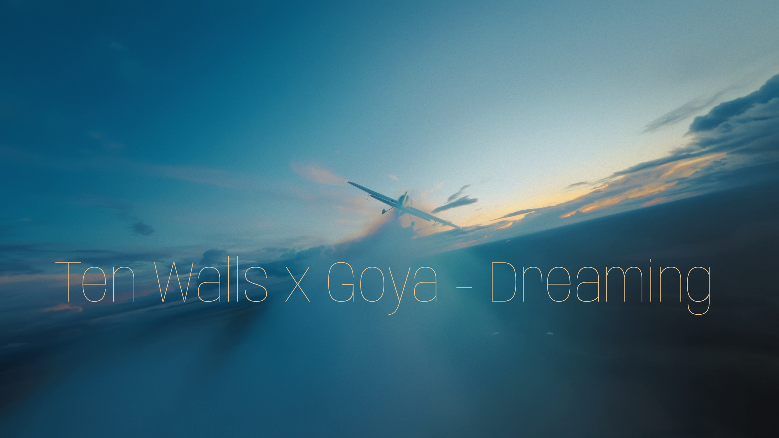 An airplane crashing into the ocean during sunset, with the sky filled with clouds and the water reflecting the sky's colors. Text overlay reads 'Ten walls x Gova - Dreaming'.