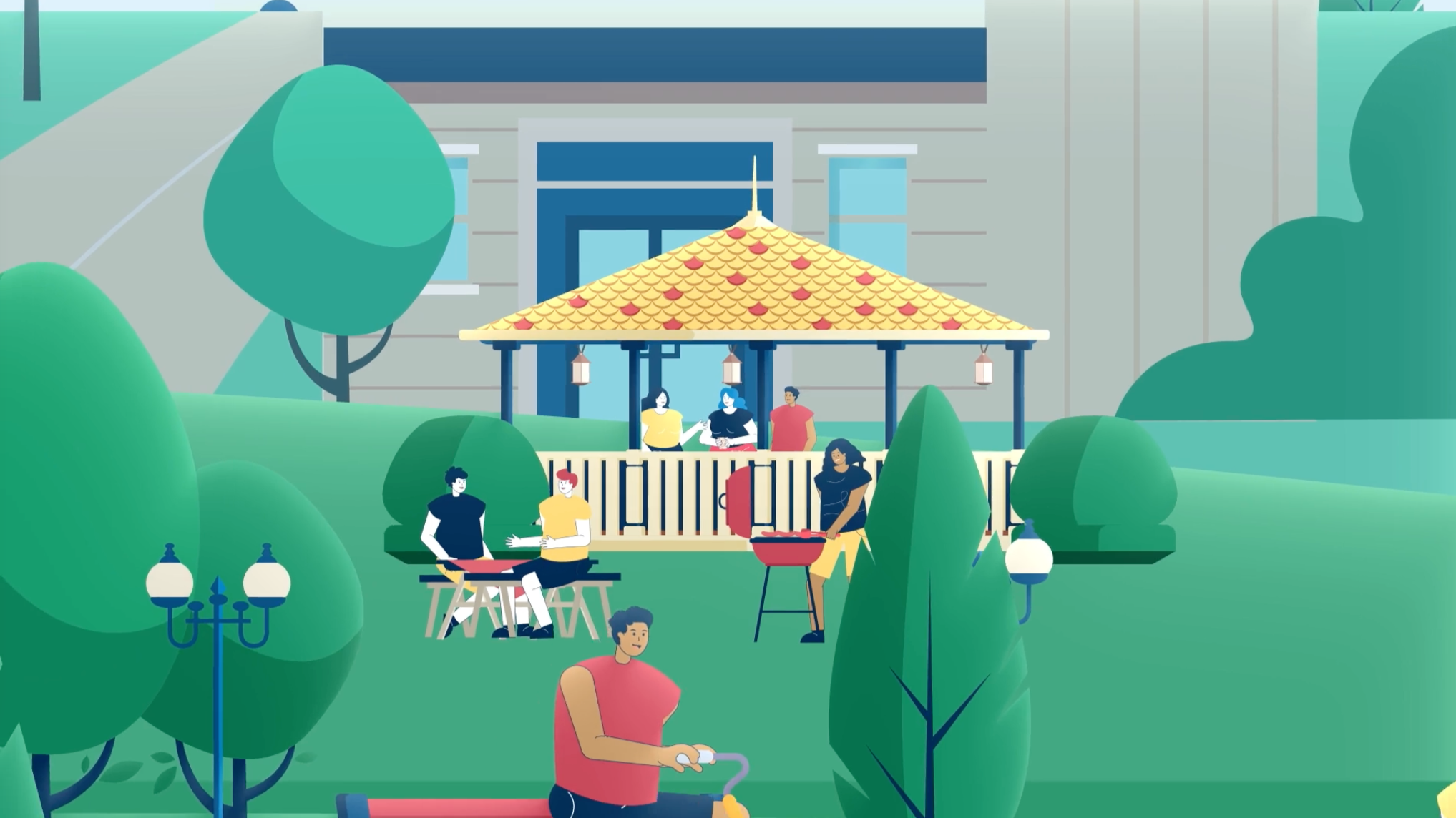 Een groep mensen die barbecueën en genieten van een dag in de tuin met een gazebo en een speelveld.