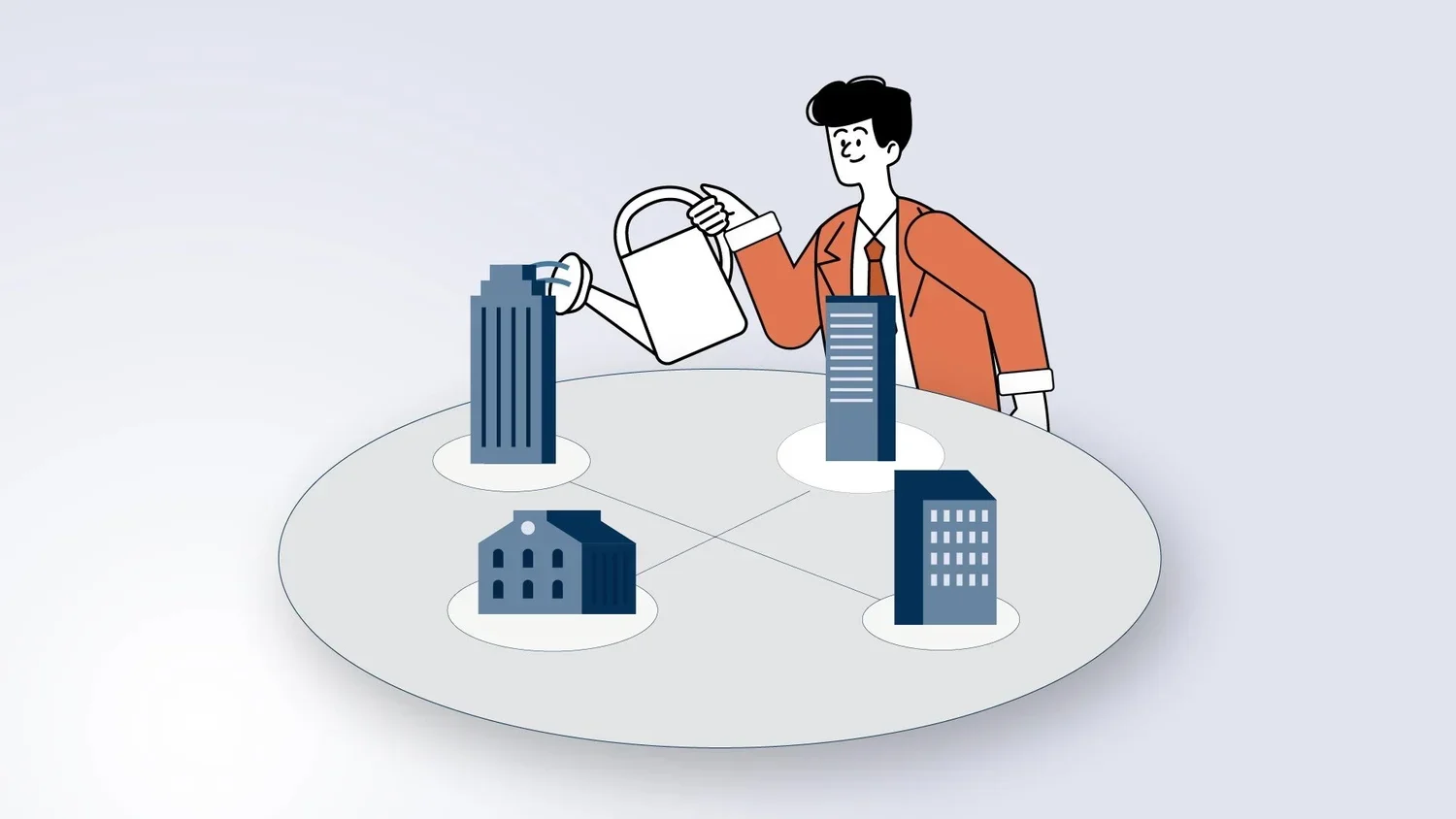 Illustratie van een man die een water Kan over gebouwen giet, symbool voor waterbeheer of stedelijk waterbeheer.