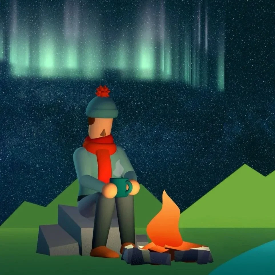 Illustratie van een persoon die voor een kampvuur zit in een bergachtig landschap onder een lucht met het noorderlicht.