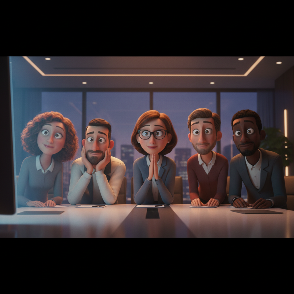 Een groep professionals in een boardroom die met een opgeluchte en gefocuste blik kijken naar een heldere uitleganimatie die voor een doorbraak zorgt.