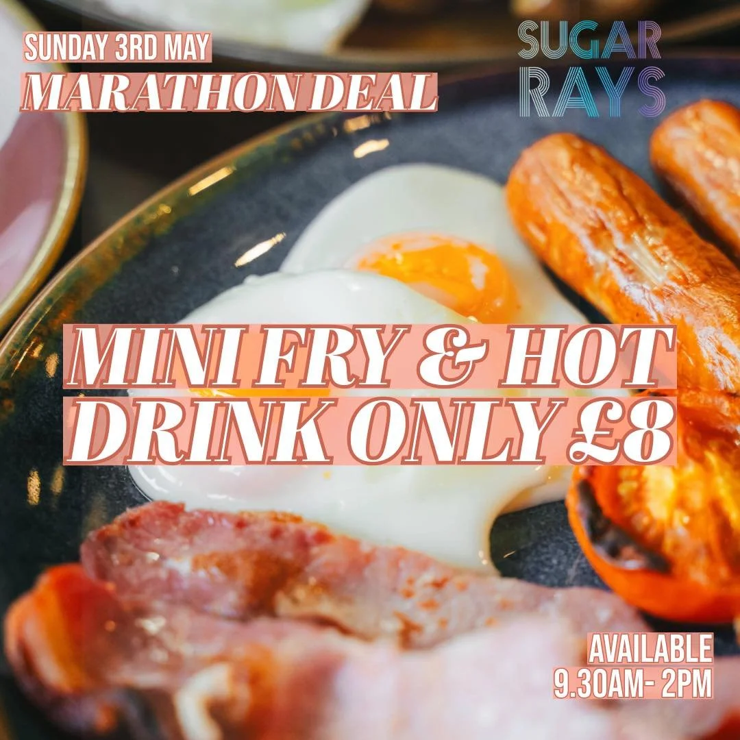 🏃🏃&zwj;♀️ MARATHON FRY DEAL 🍳☕️
Running the Marathon or heading to cheer on the runners, we have an amazing deal&hellip;.

MINI FRY &amp; A HOT DRINK ONLY &pound;8 🔥

✨ AVAILABLE SUNDAY 3RD MAY 9.30am - 2pm ✨

#marathon #belfastmarathon #sugarray