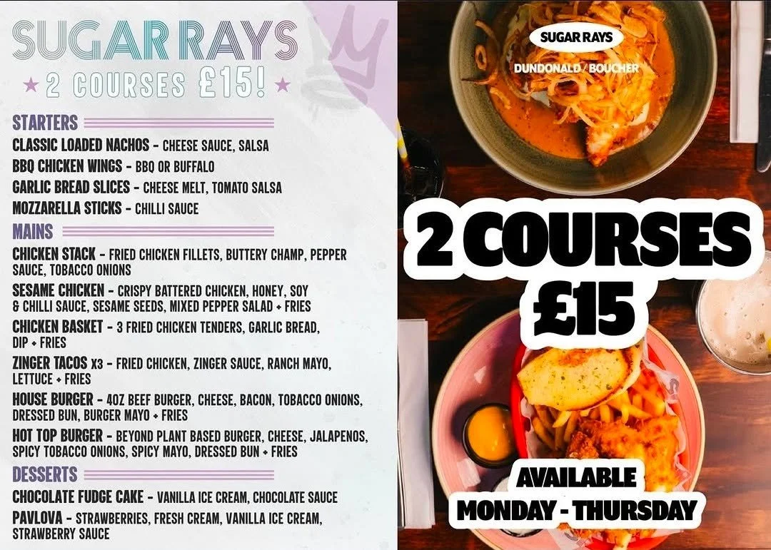 💰 2 COURSES FOR &pound;15!! 💰

AVAILABLE EVERY MONDAY TO THURSDAY FROM 12PM!

OUR BEST DEAL YET SO DON'T MISS IT 🙌

#bluechicago Dundonald 
#bluechicago Bangor 
#sugarrays Dundonald 
#sugarrays Boucher Road