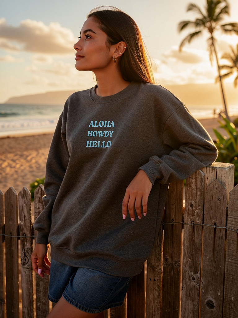 Young woman standing outdoors at sunset by a wooden fence at the beach, wearing an embroidered grey sweatshirt with the words 'Aloha, Howdy, Hello' written on it, with the ocean in the background.
