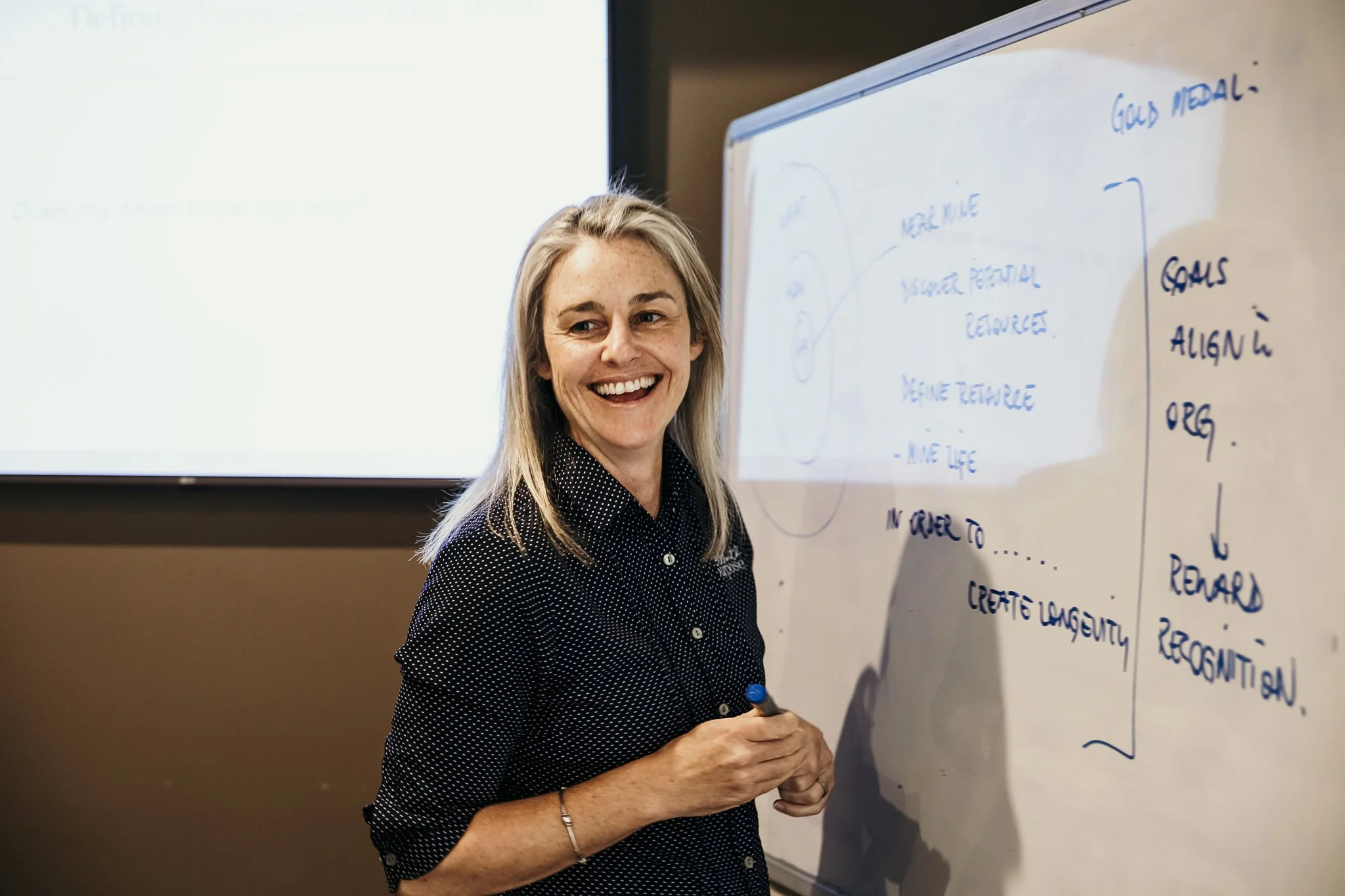 Karissa Cameron, a woman smiling while holding a blue marker next to a whiteboard filled with handwritten notes, standing in a room with two large screens, one displaying a blurred presentation slide.